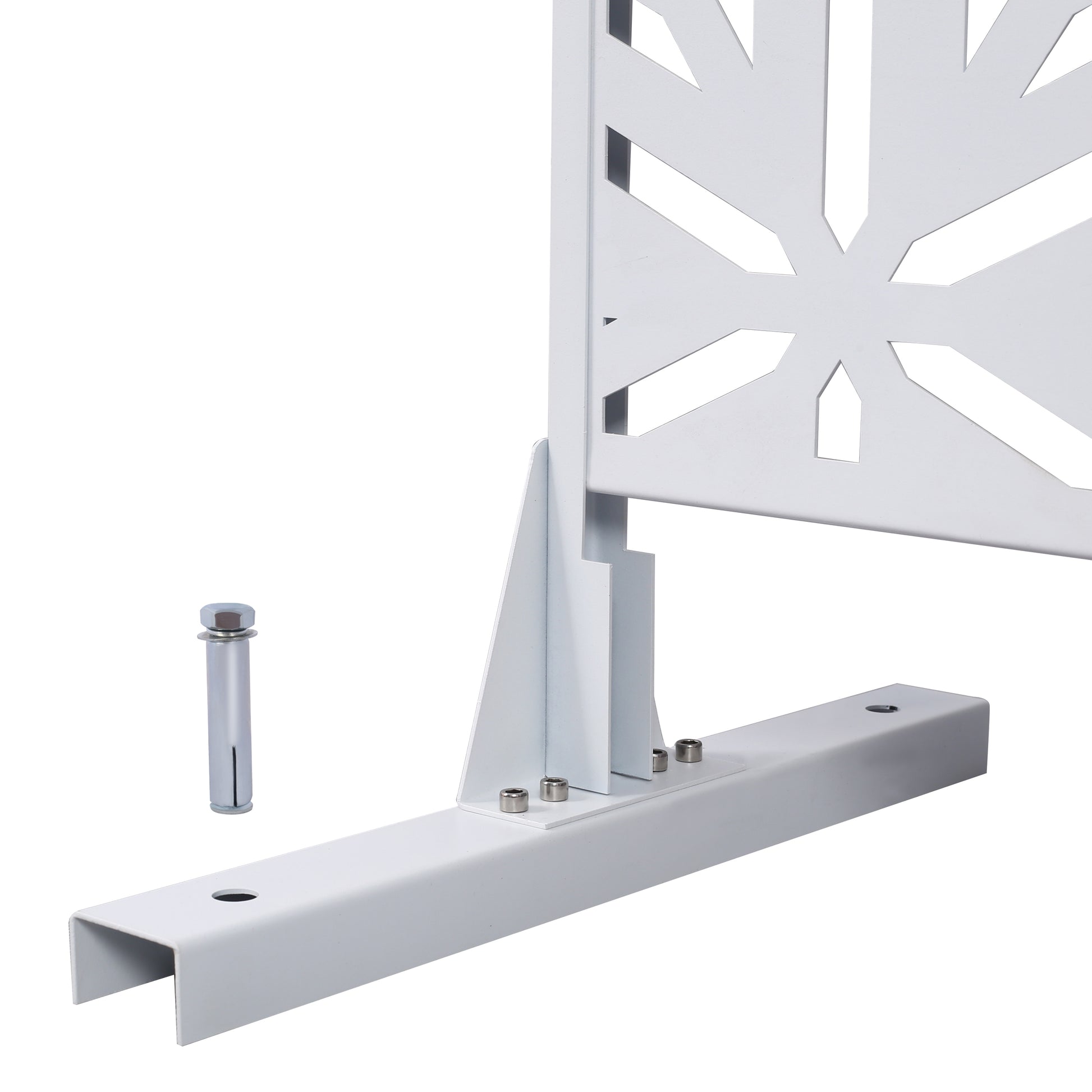 White metal garden screen base with intricate snowflake pattern including fasteners for outdoor use