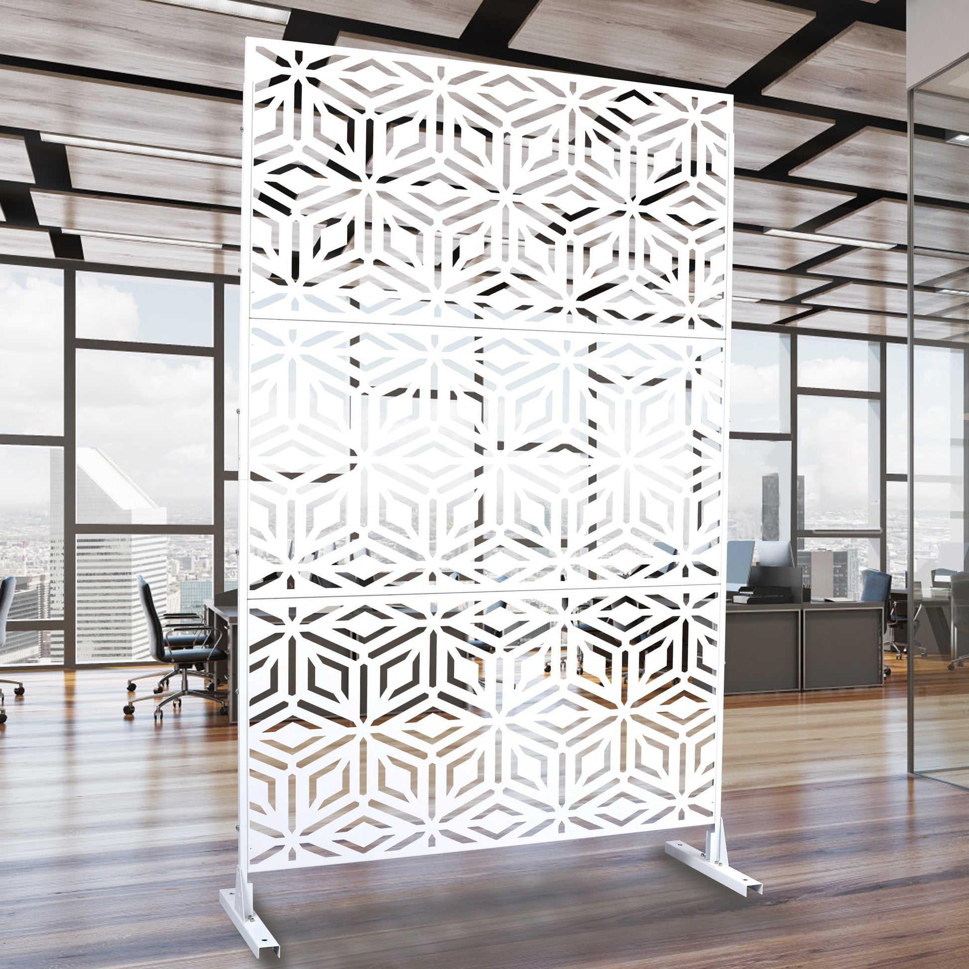 White decorative room divider screen with geometric pattern