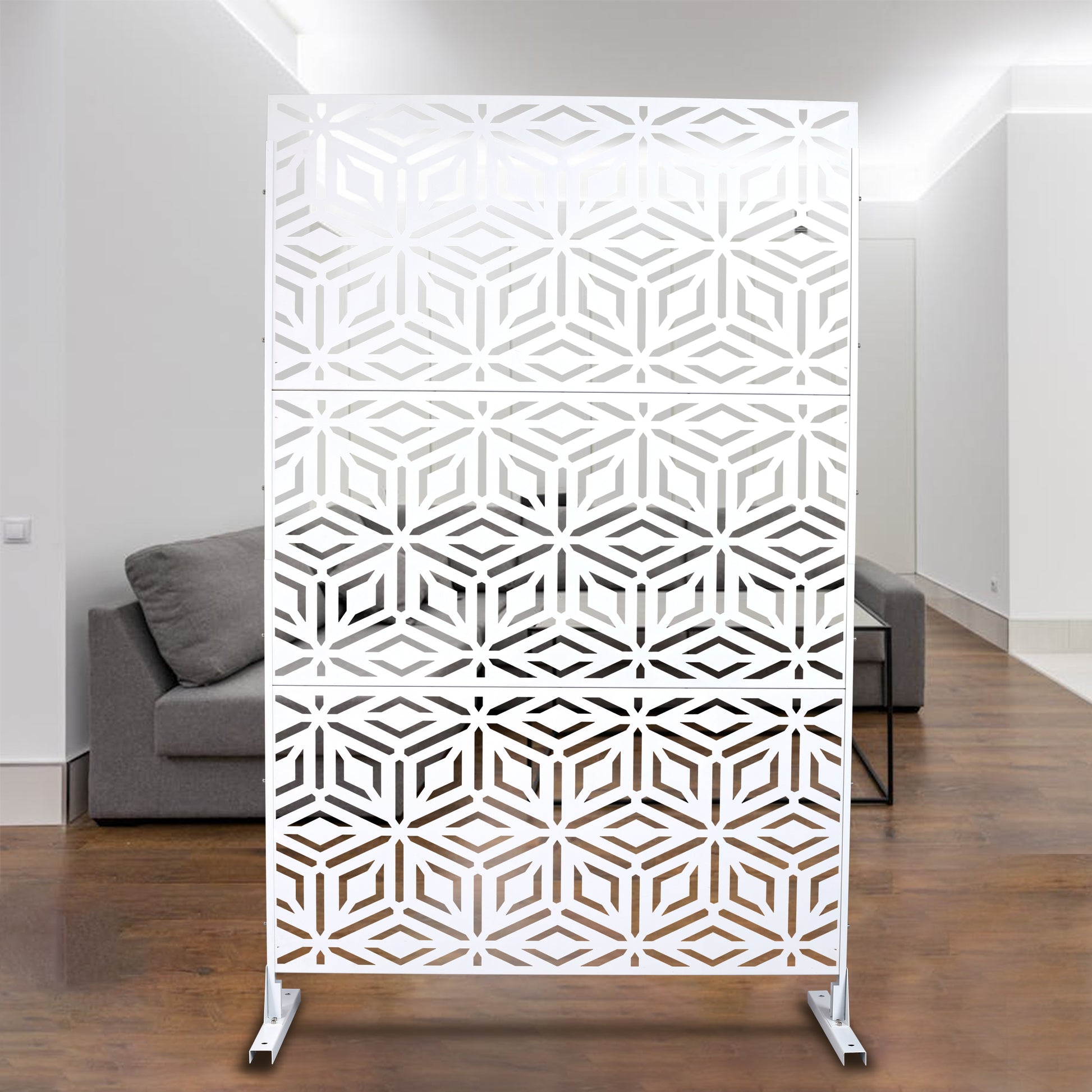 White geometric screen room divider with modern hexagonal pattern