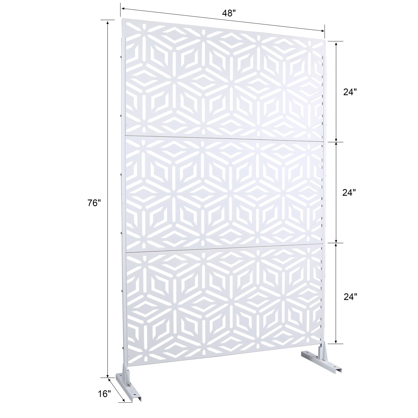White geometric panel divider screen with a modern opencut pattern and metal base for stylish room separation