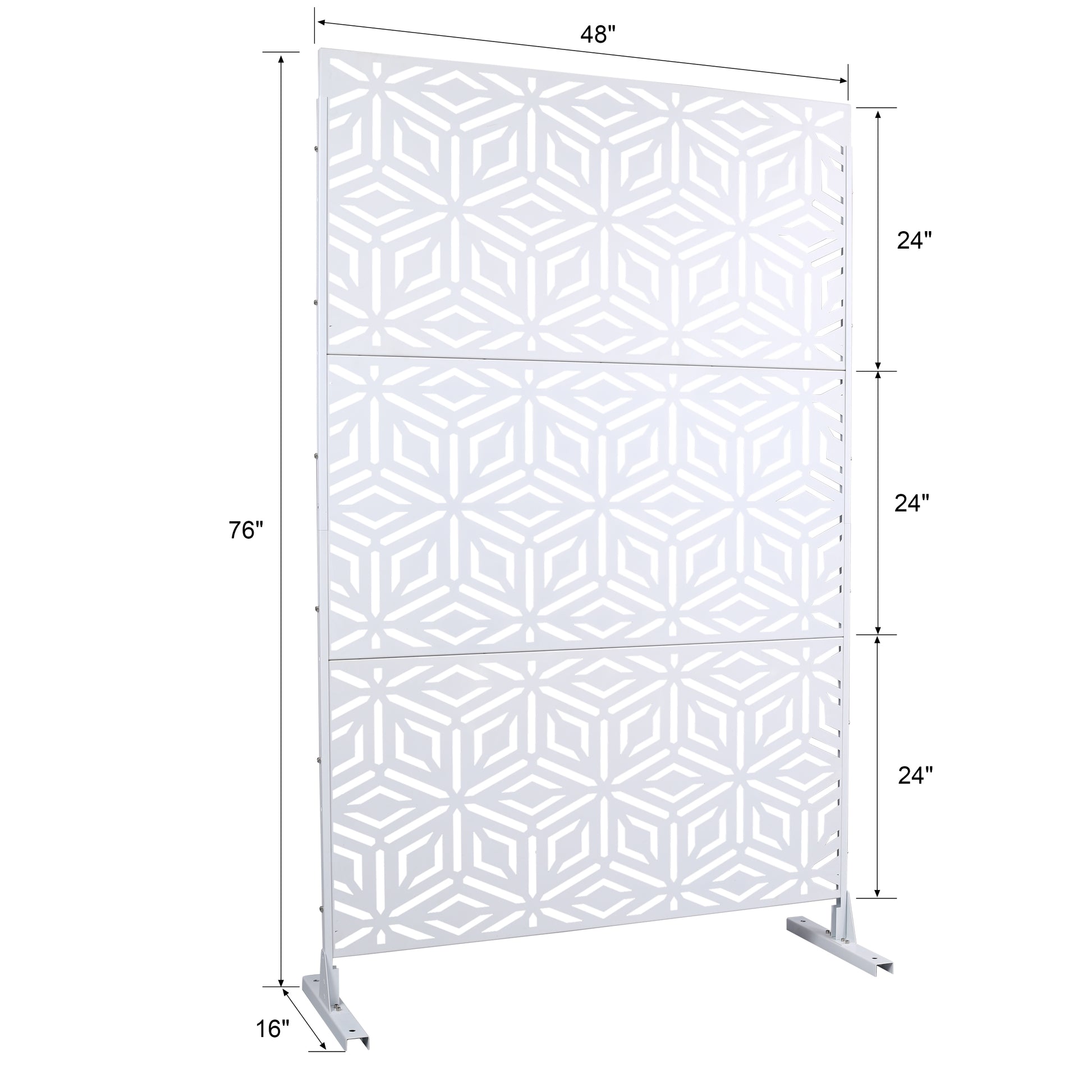 White geometric panel divider screen with a modern opencut pattern and metal base for stylish room separation