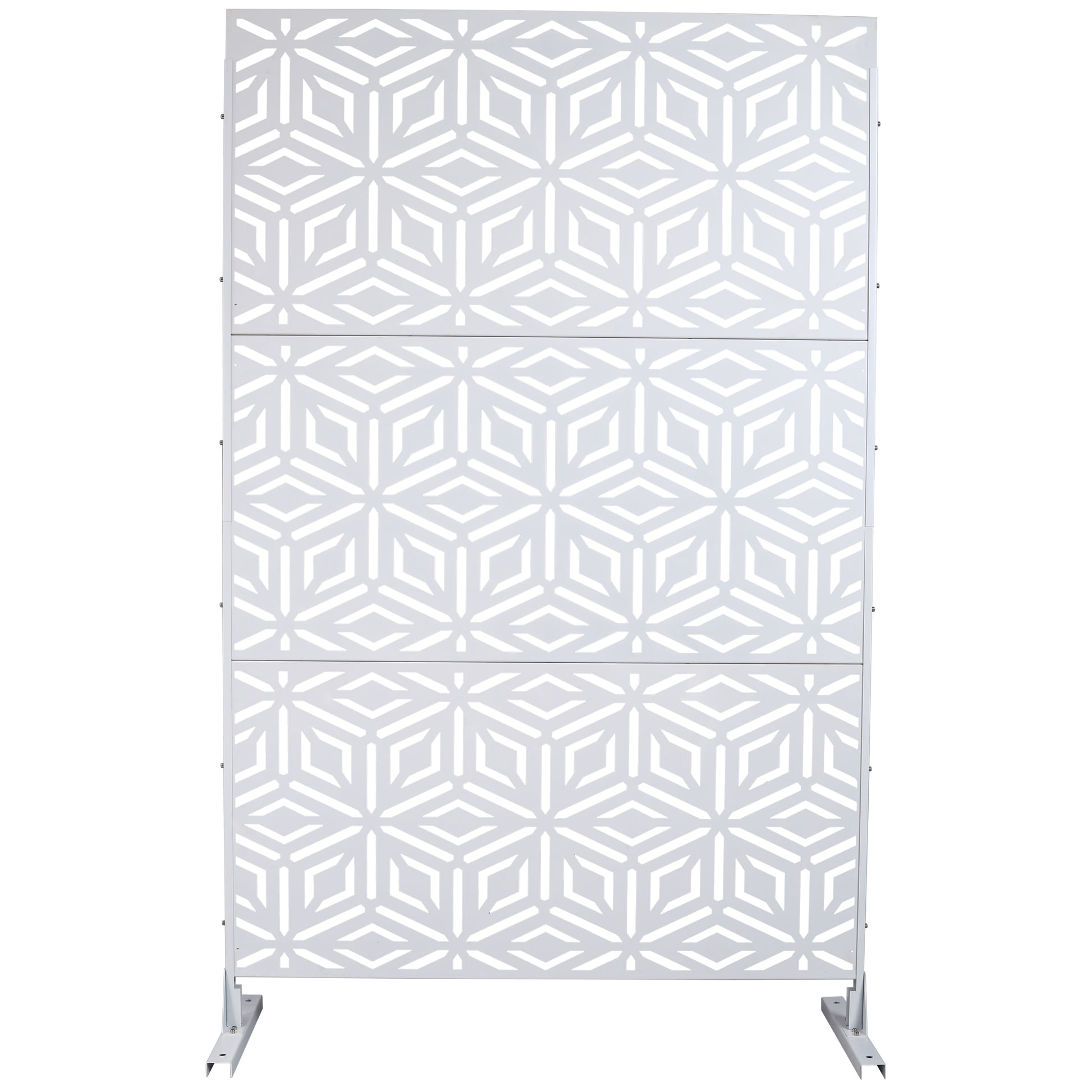 Modern white metal privacy screen with geometric pattern for garden use