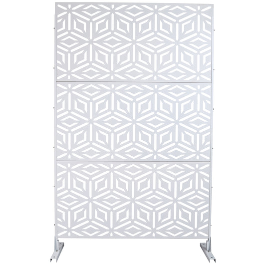 Modern white metal privacy screen with geometric pattern for garden use