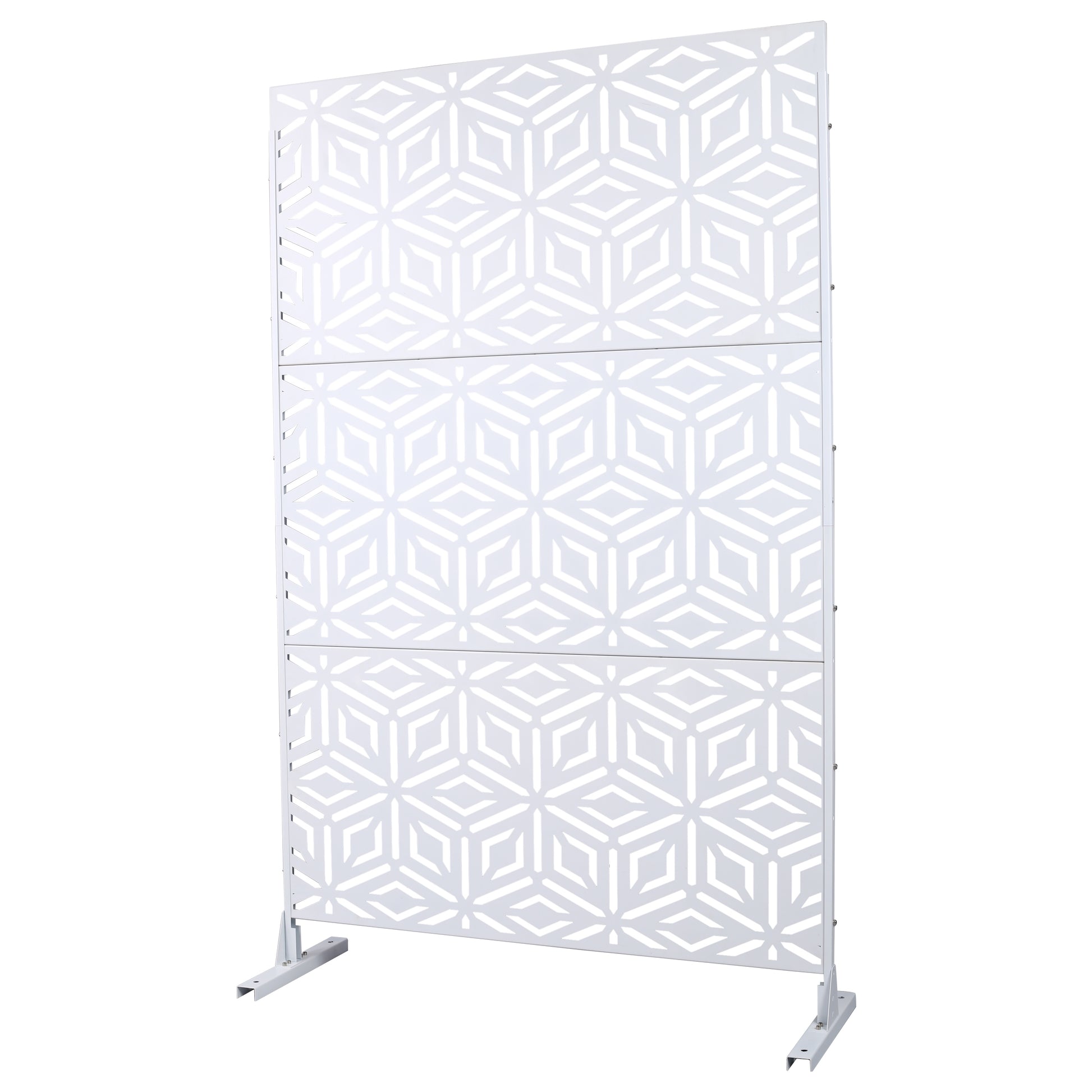 White geometric outdoor privacy screen with lasercut hexagonal pattern