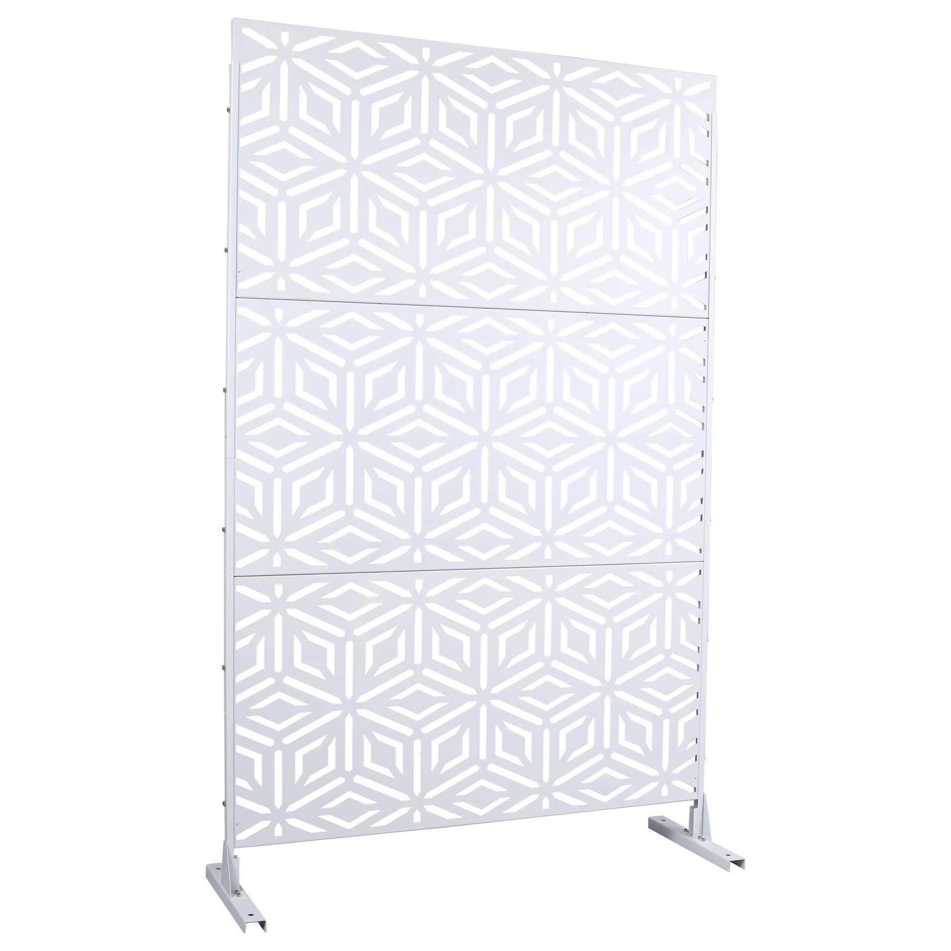 White geometric metal privacy screen with modern starburst pattern