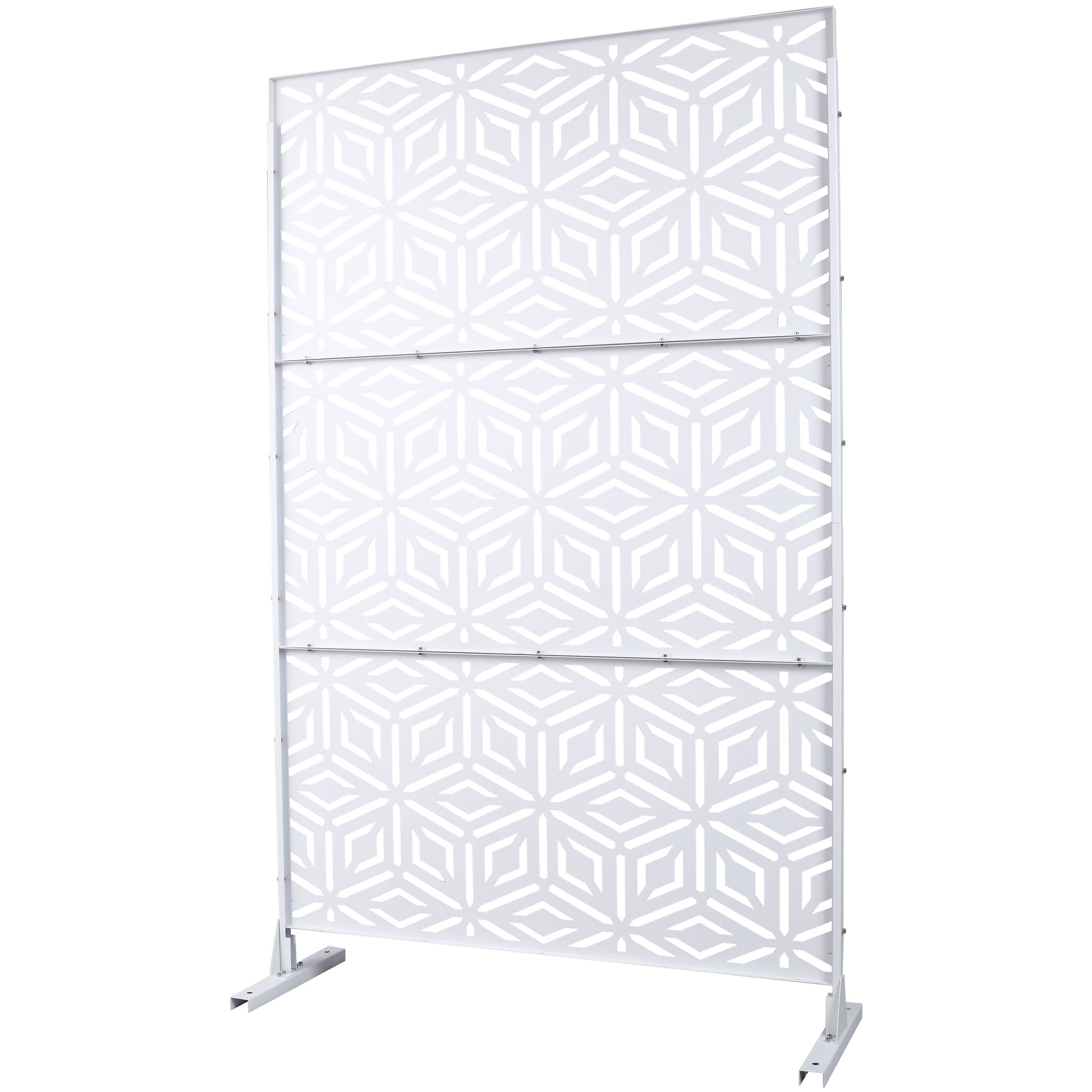 White geometric pattern room divider screen with metal frame