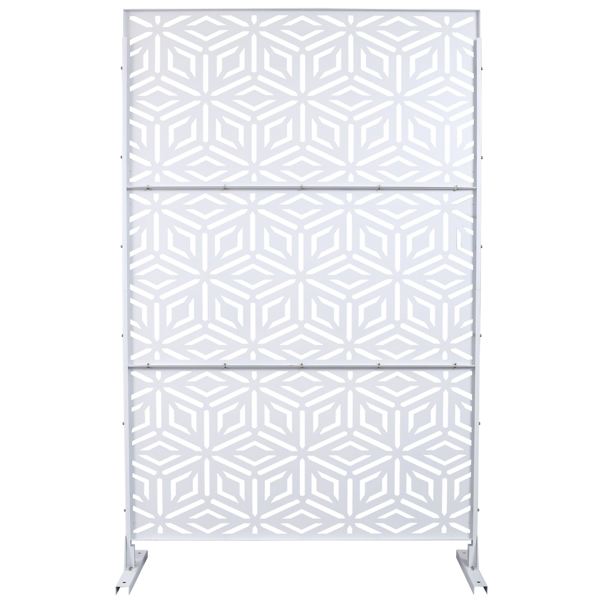 White outdoor privacy screen with geometric pattern for garden use