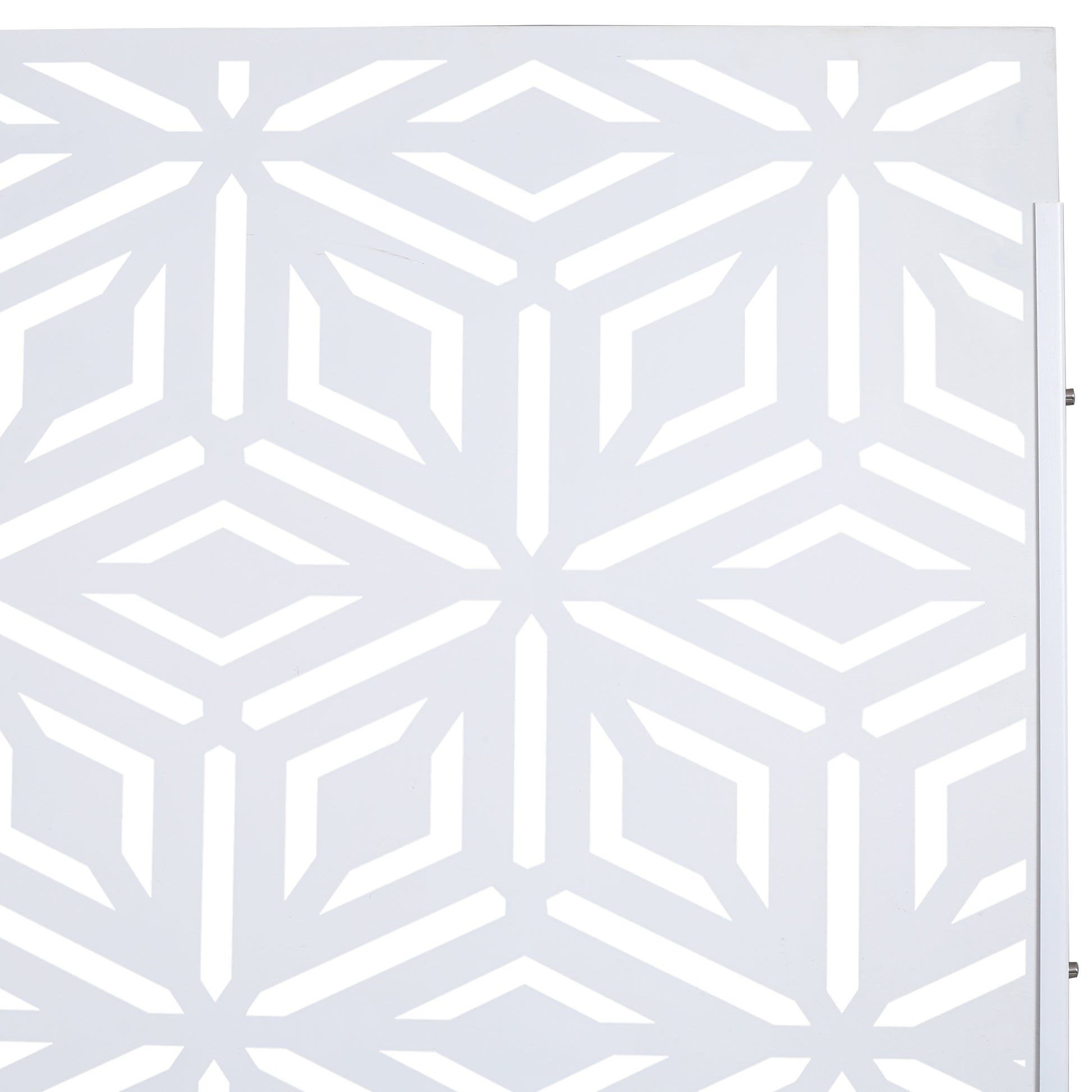 White geometric patterned metal screen with interlocking hexagon design