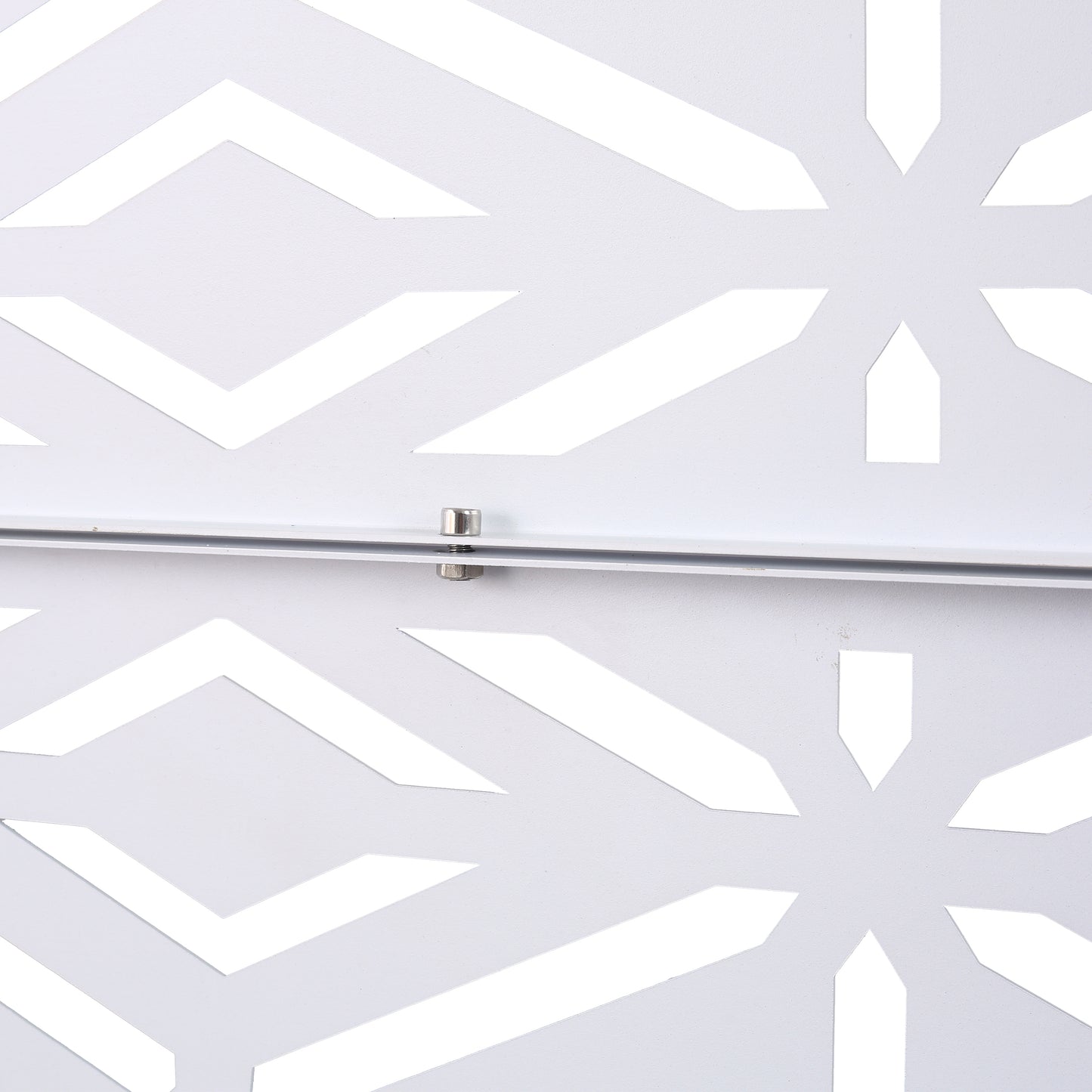 White metal decorative screen panel with geometric cutouts and a silver bolt