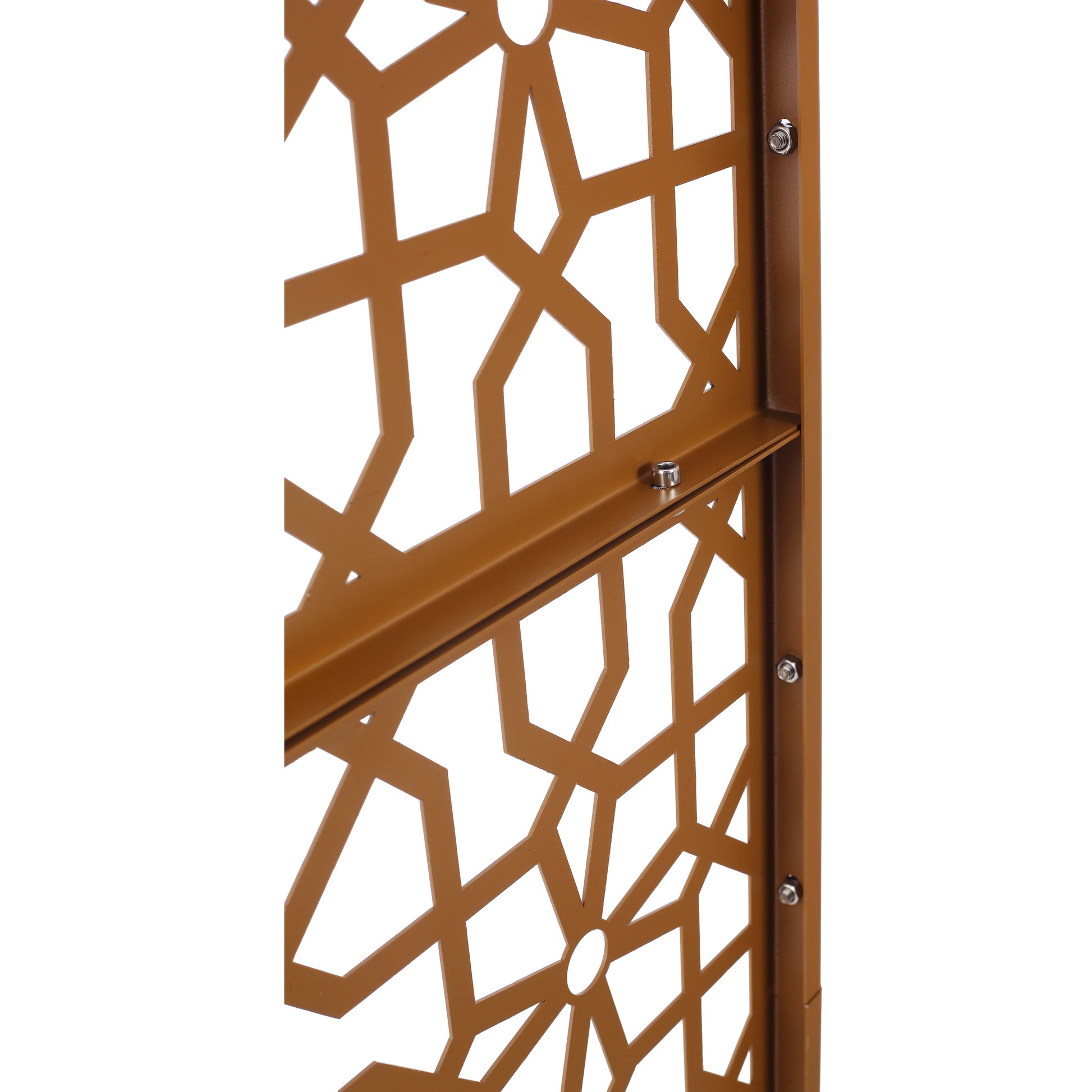 Bronze metal garden screen with geometric cutouts perfect for outdoor privacy