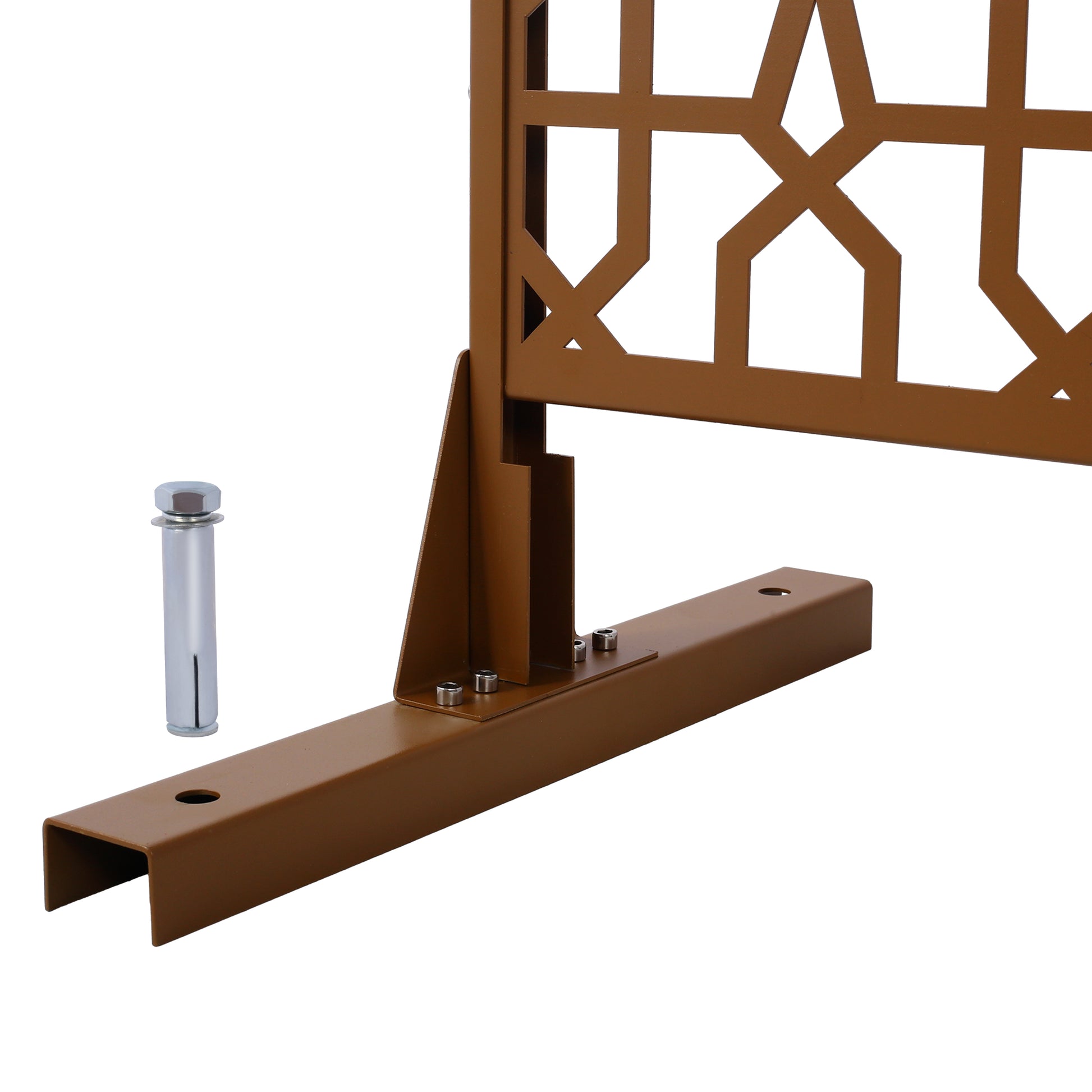 Brown metal fence panel with geometric cutouts and mounting bracket