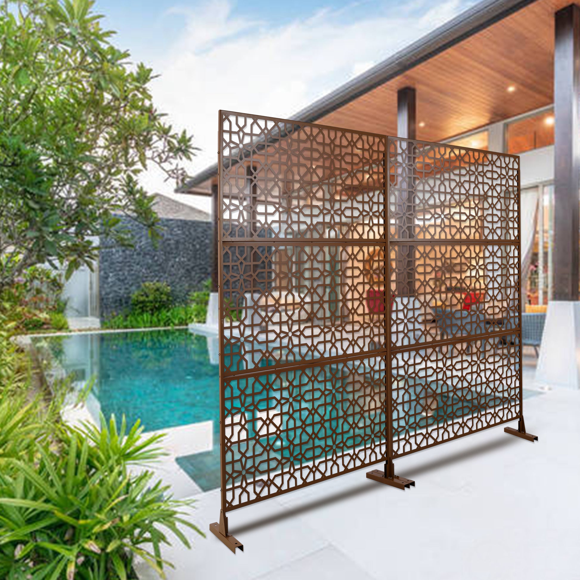 Decorative metal privacy screen with geometric lasercut pattern in bronze