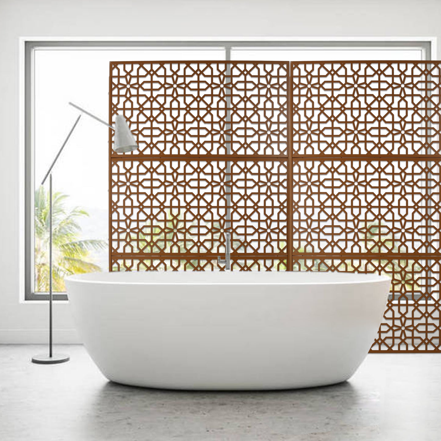 Wooden decorative screen with intricate geometric patterns