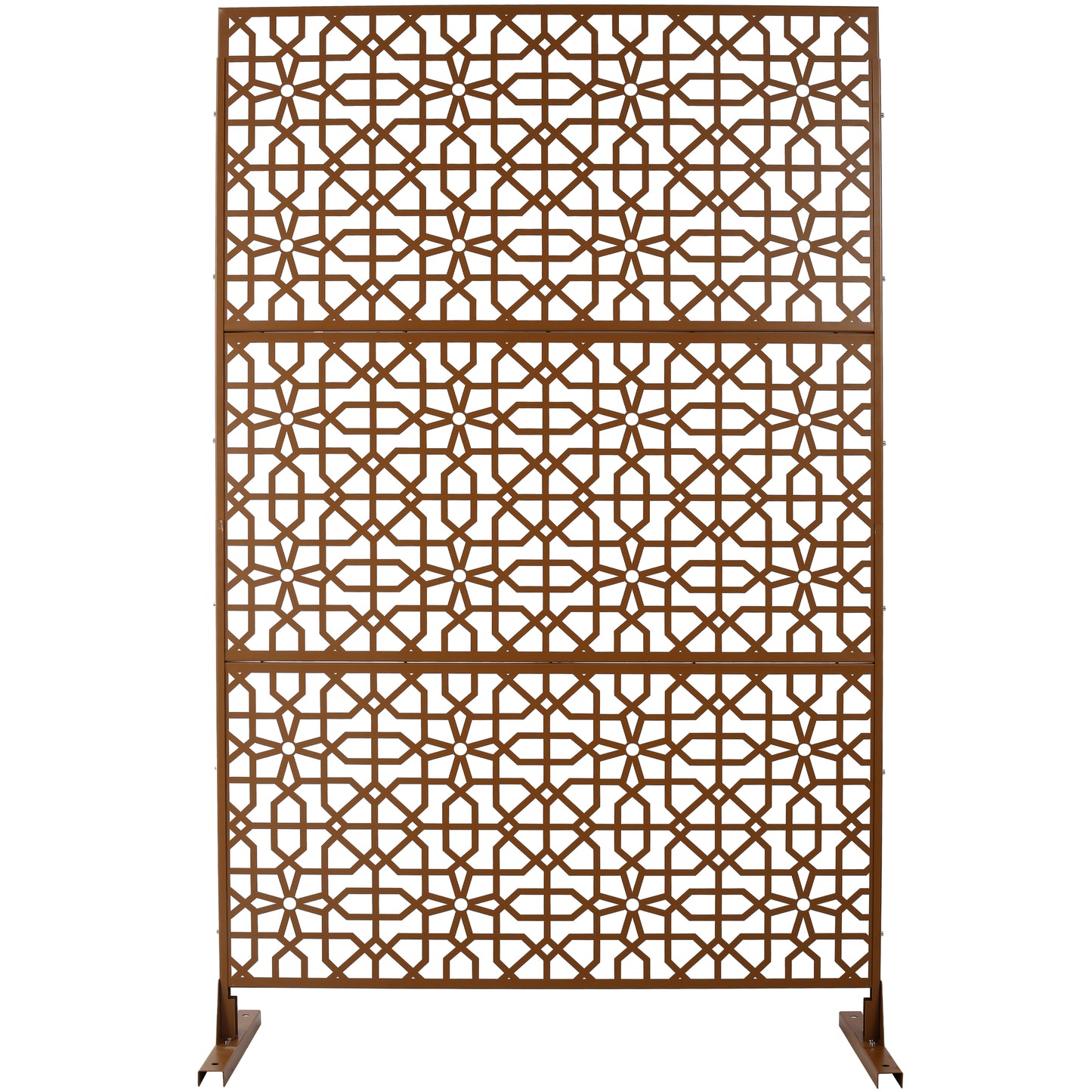 Bronze metal garden screen with intricate geometric patterns and a freestanding base