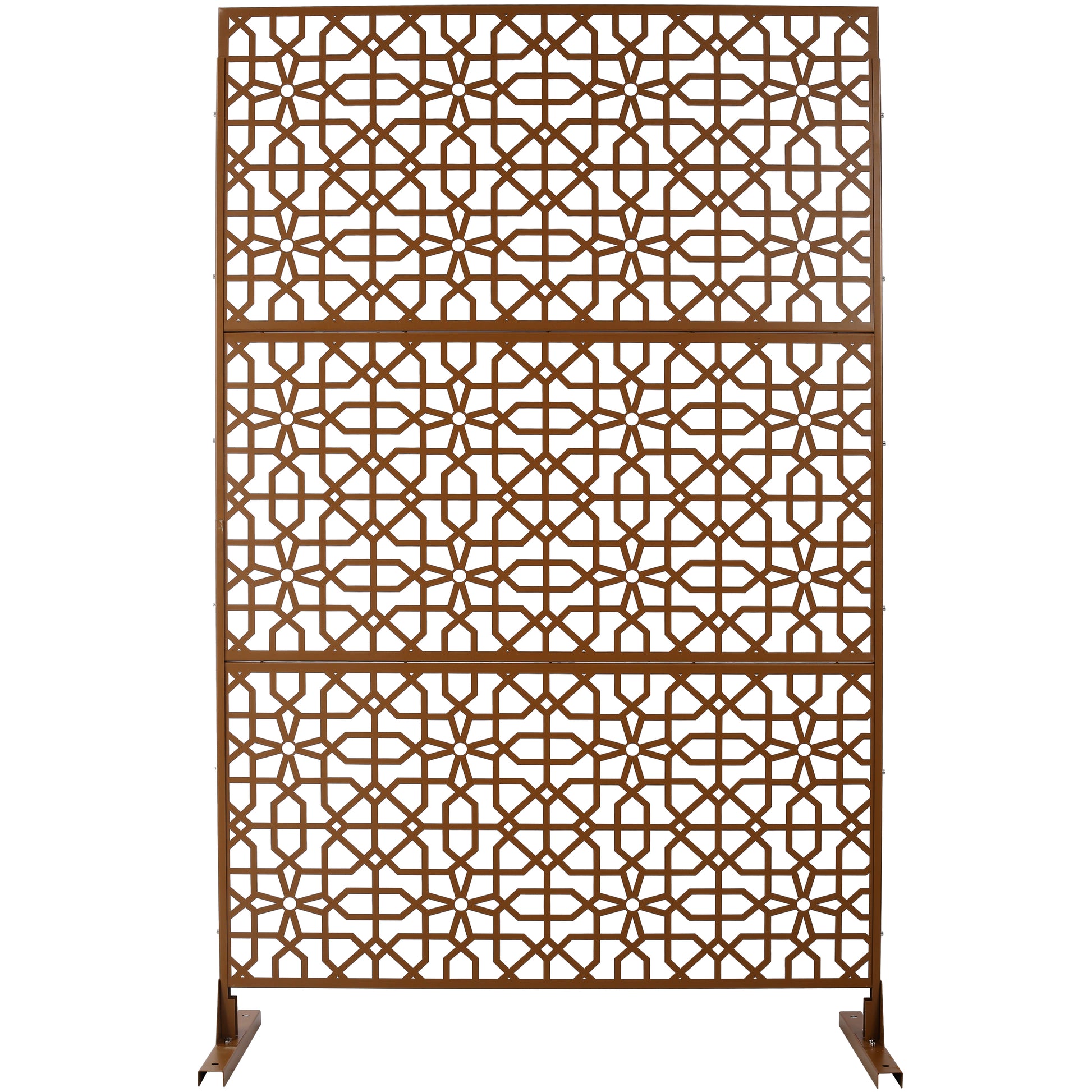 Bronze metal garden screen with intricate geometric patterns and a freestanding base