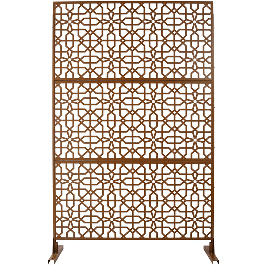 Bronze metal garden screen with intricate geometric patterns and a freestanding base