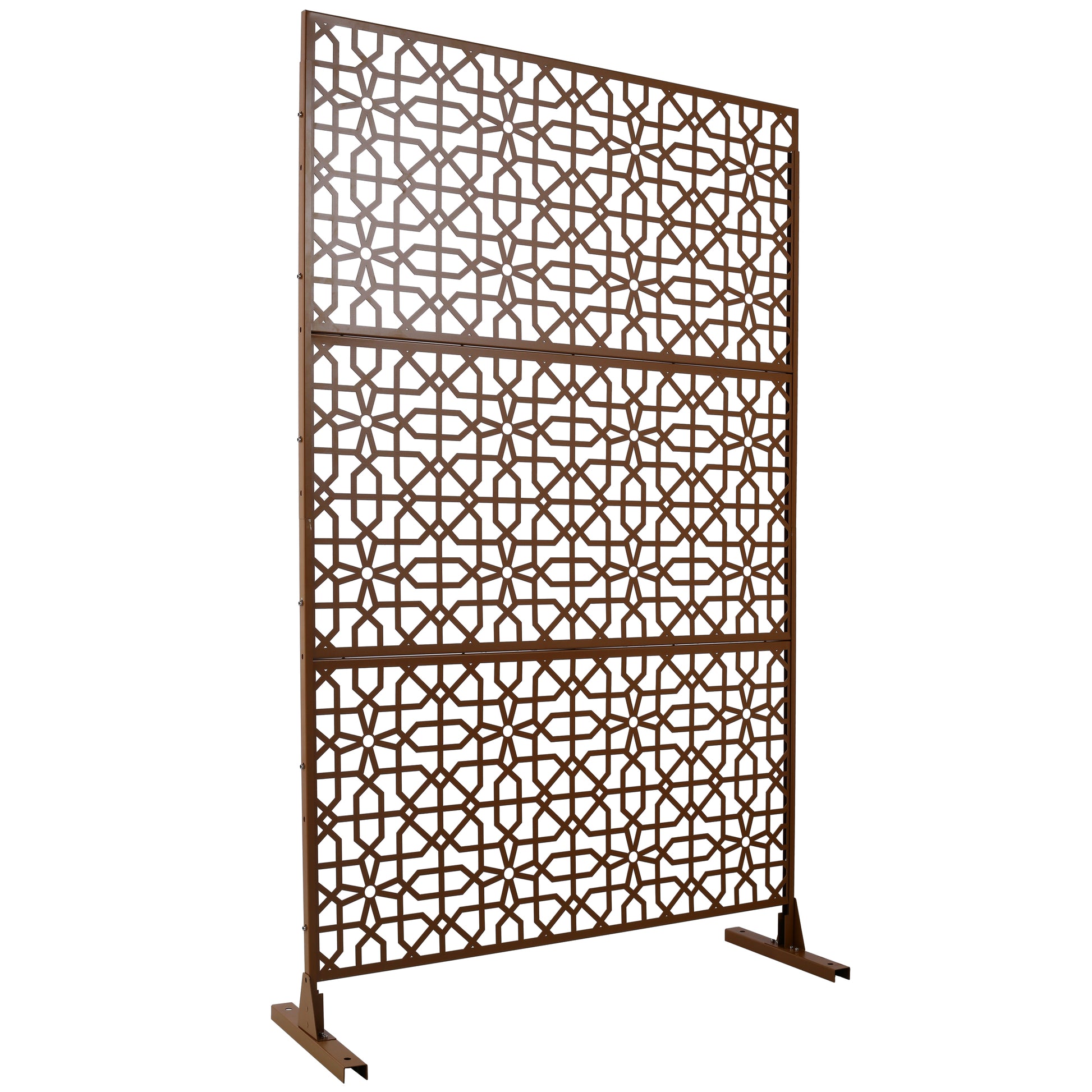 Bronze geometric outdoor privacy screen with intricate lattice pattern