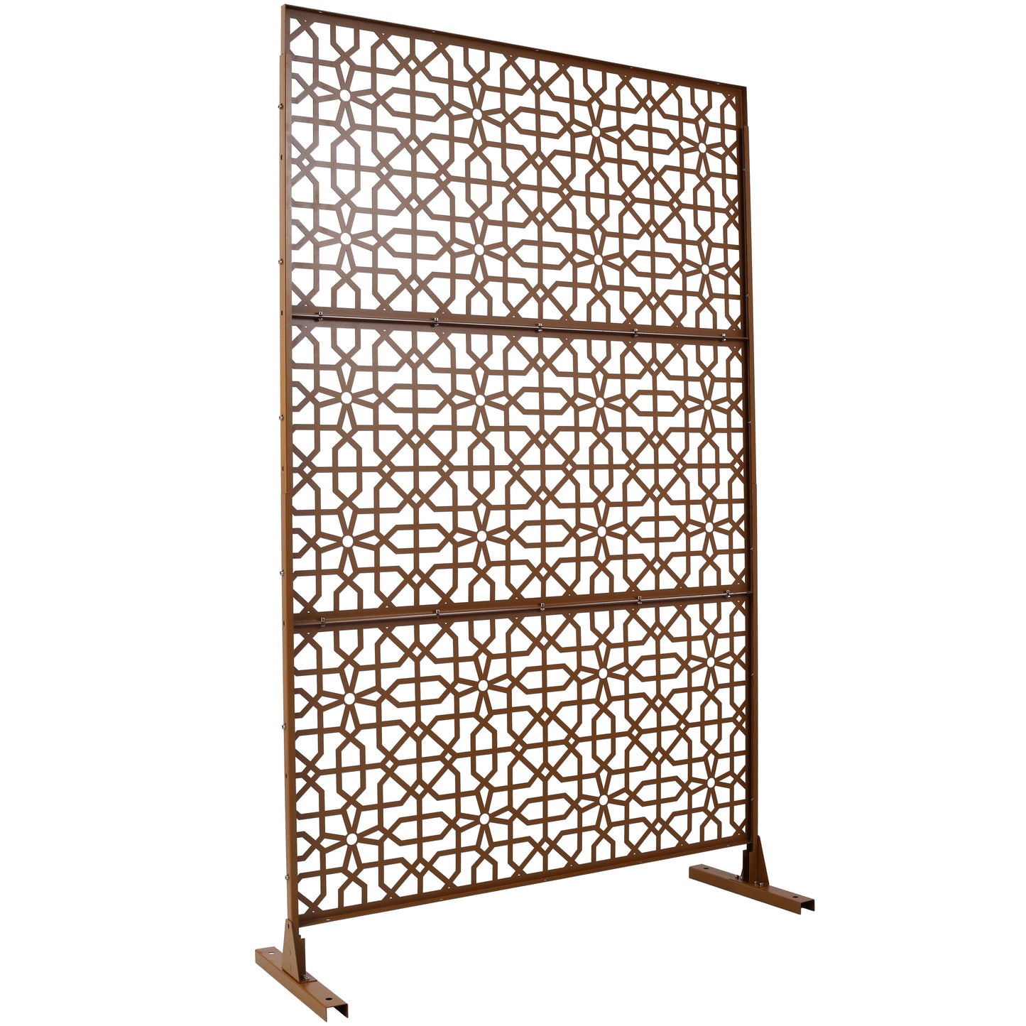 Brown metal decorative screen with intricate geometric pattern