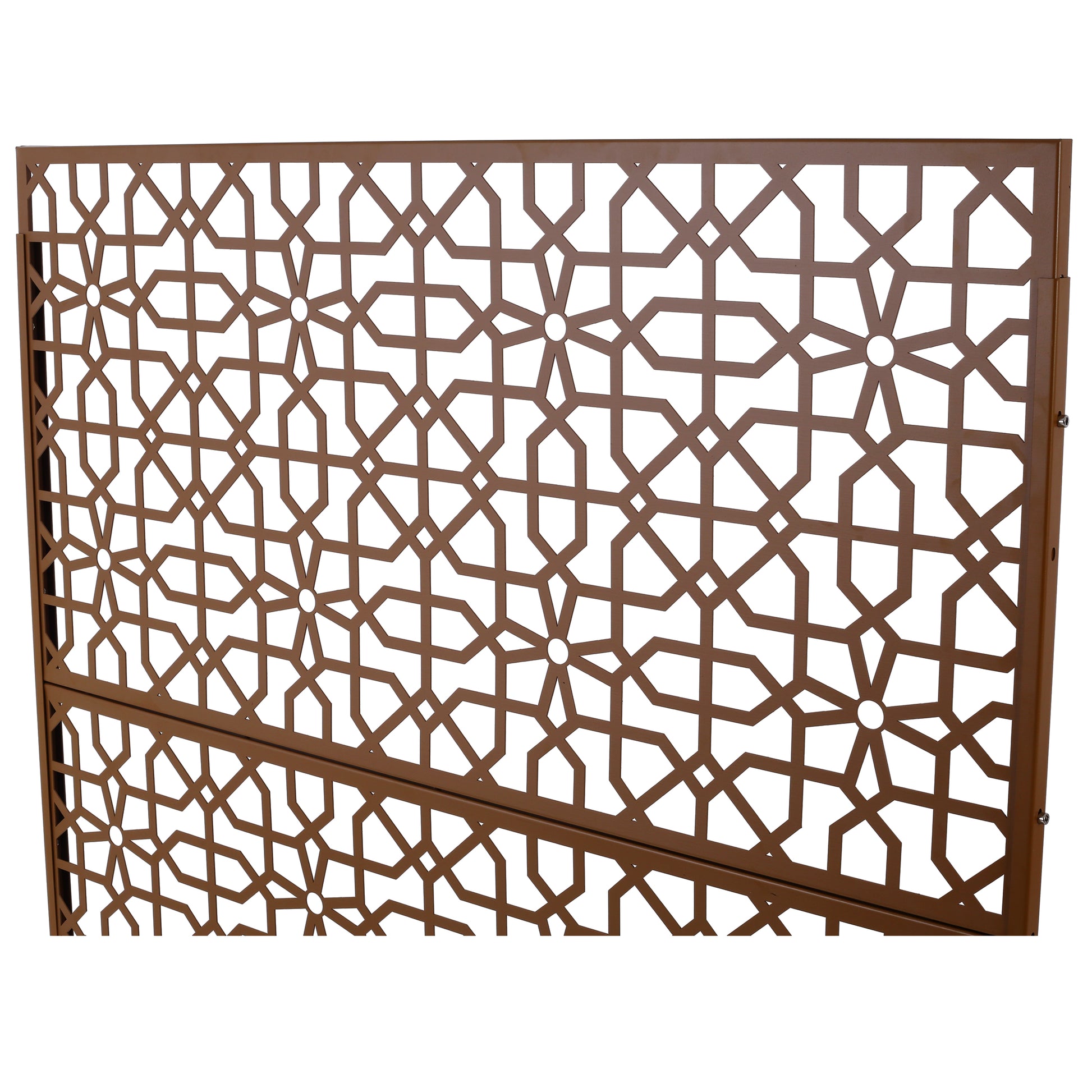 Bronze metal garden trellis with an intricate geometric pattern