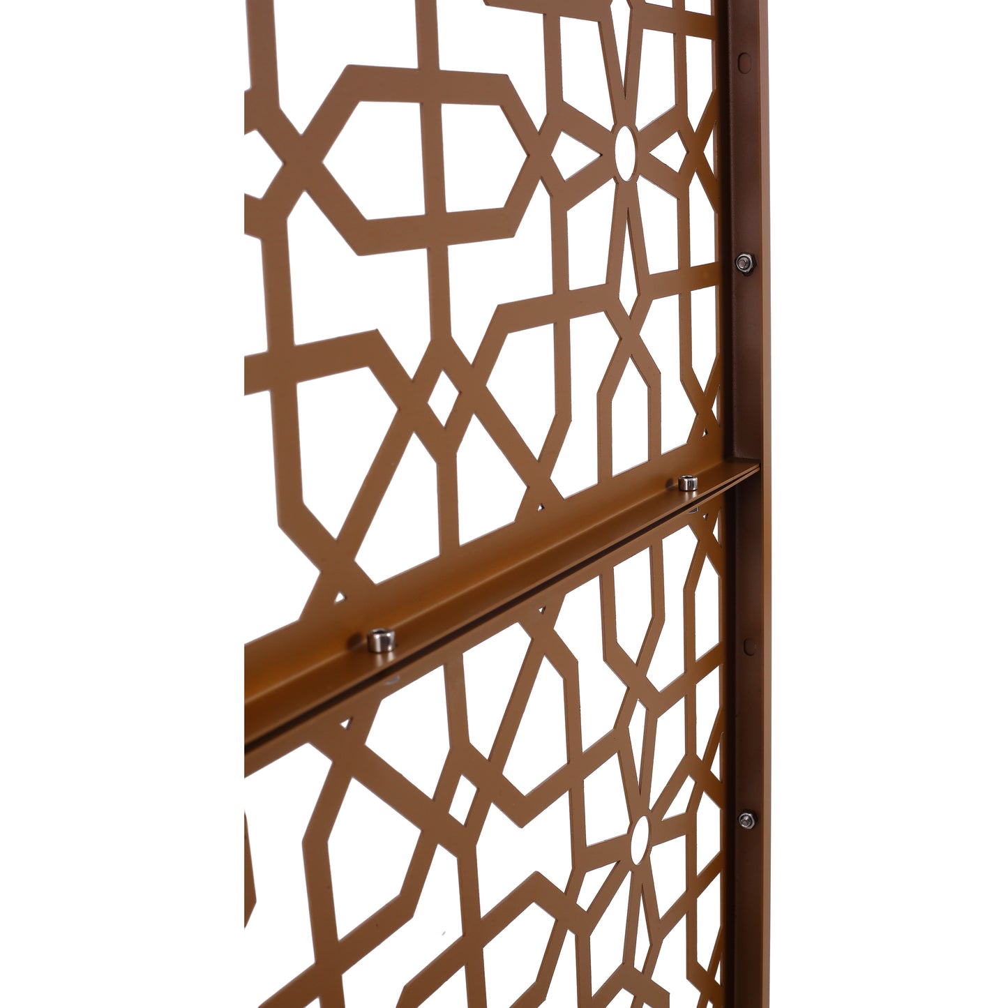 Bronze metal garden privacy screen with intricate geometric pattern modern design
