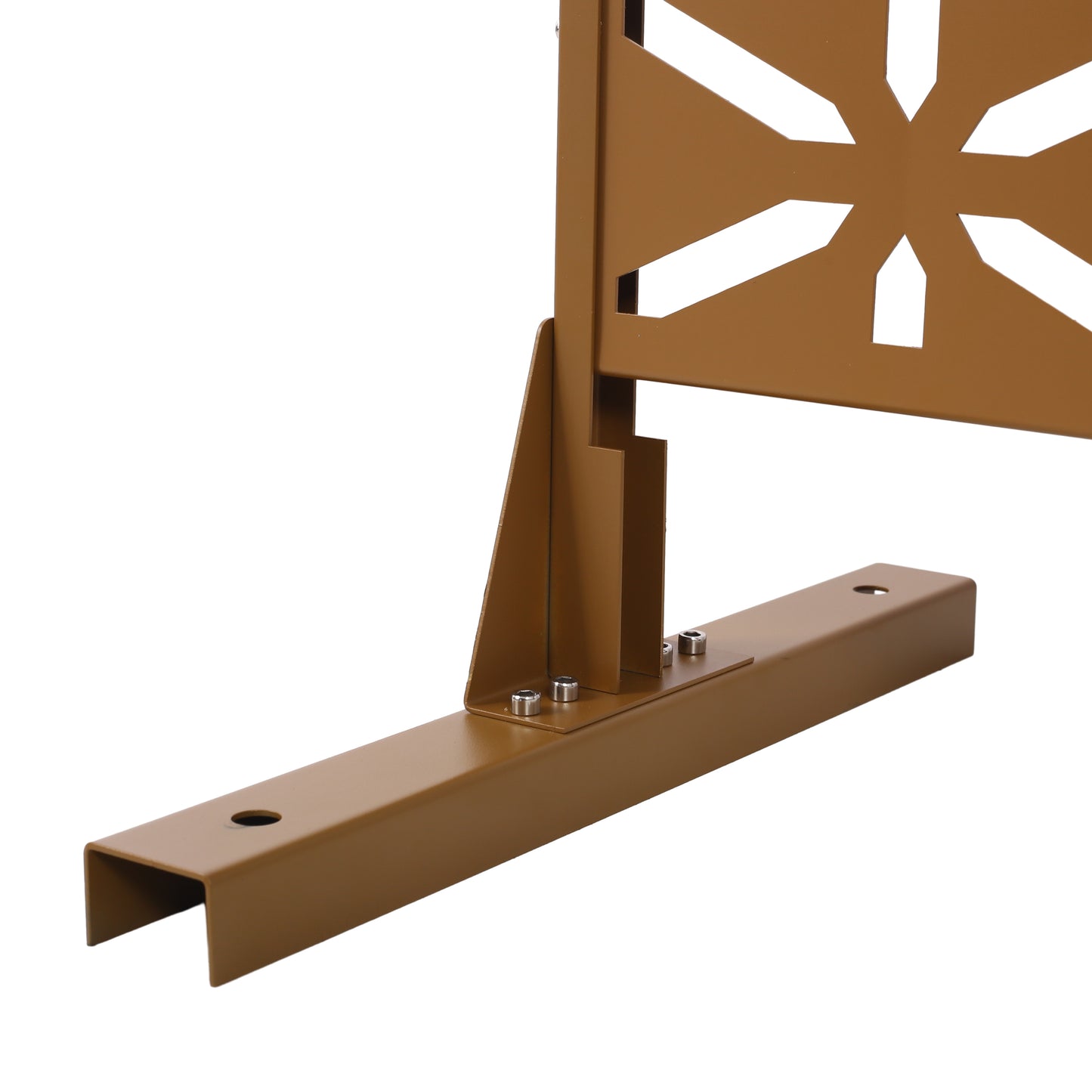 Bronze metal garden trellis base with decorative star cutouts and mounting bolts