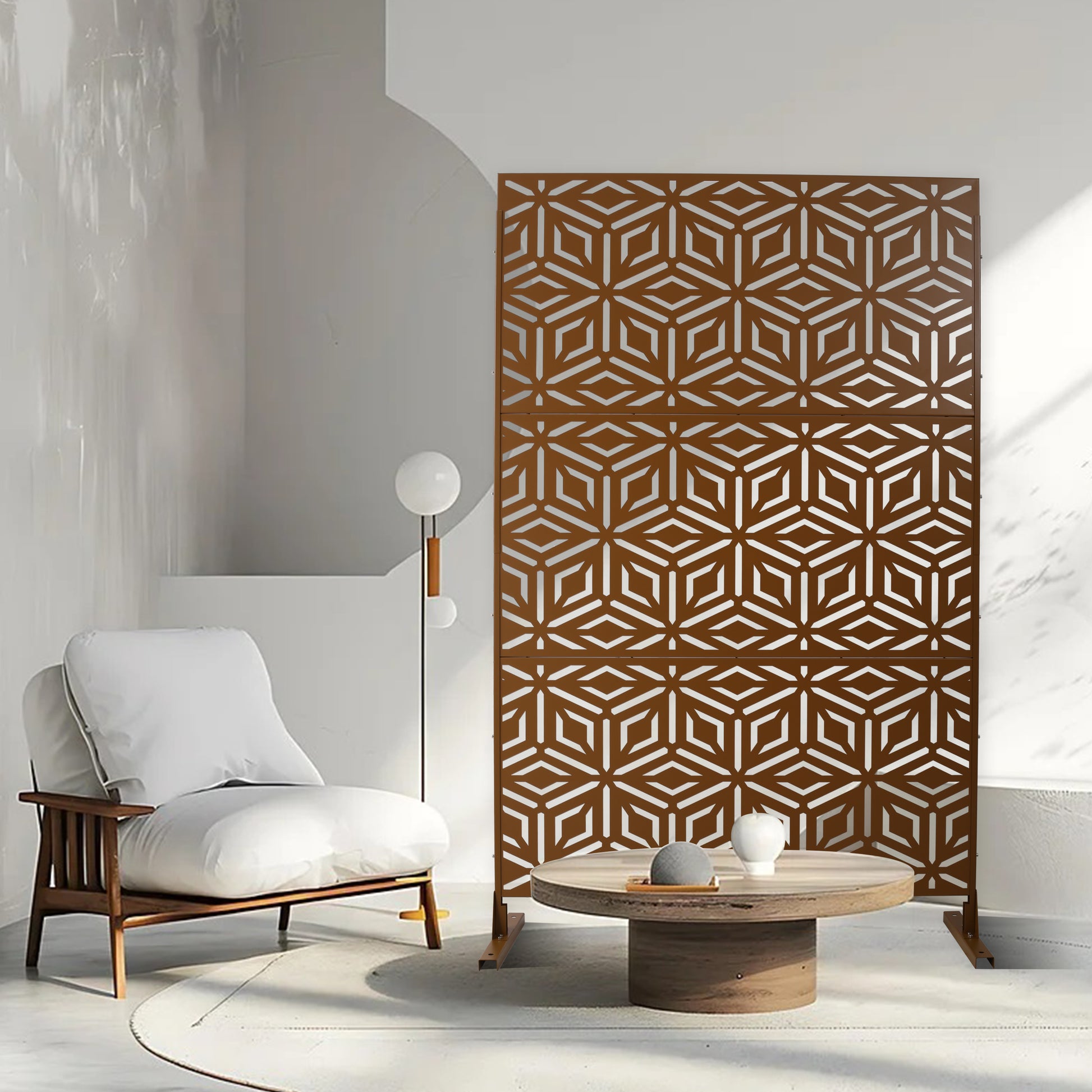 Brown metal room divider with geometric cutout pattern