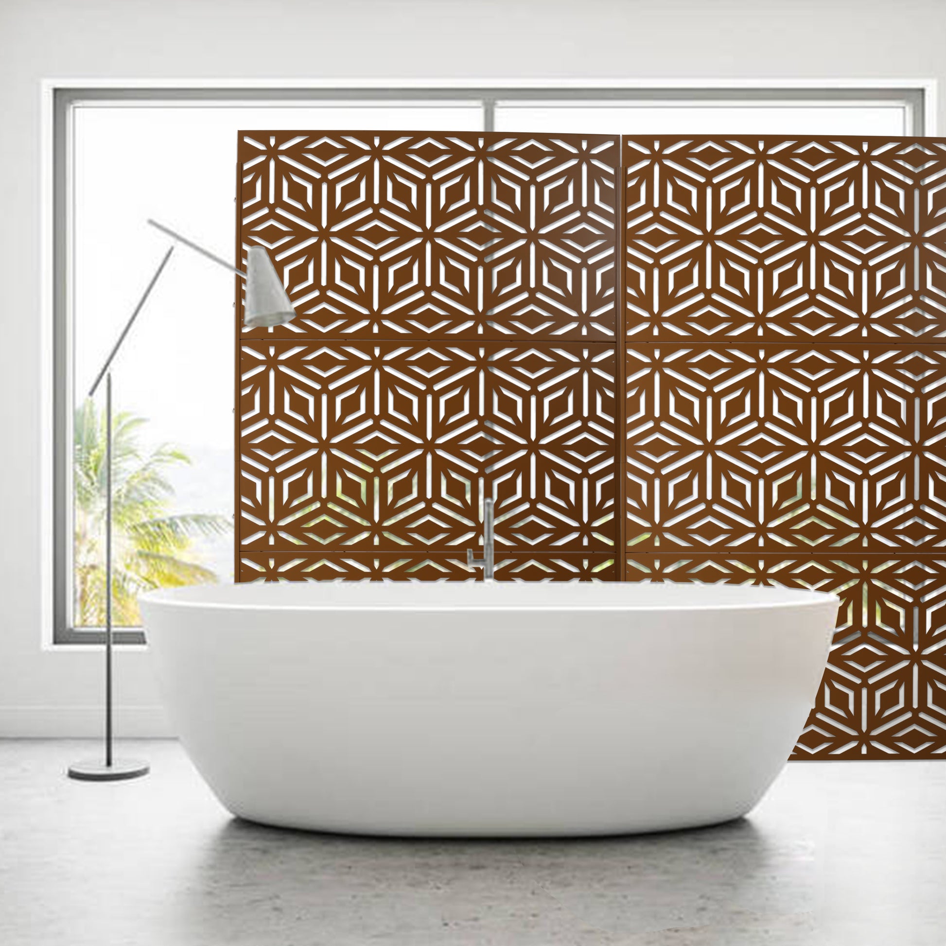 Brown geometric lasercut privacy screen for modern bathrooms