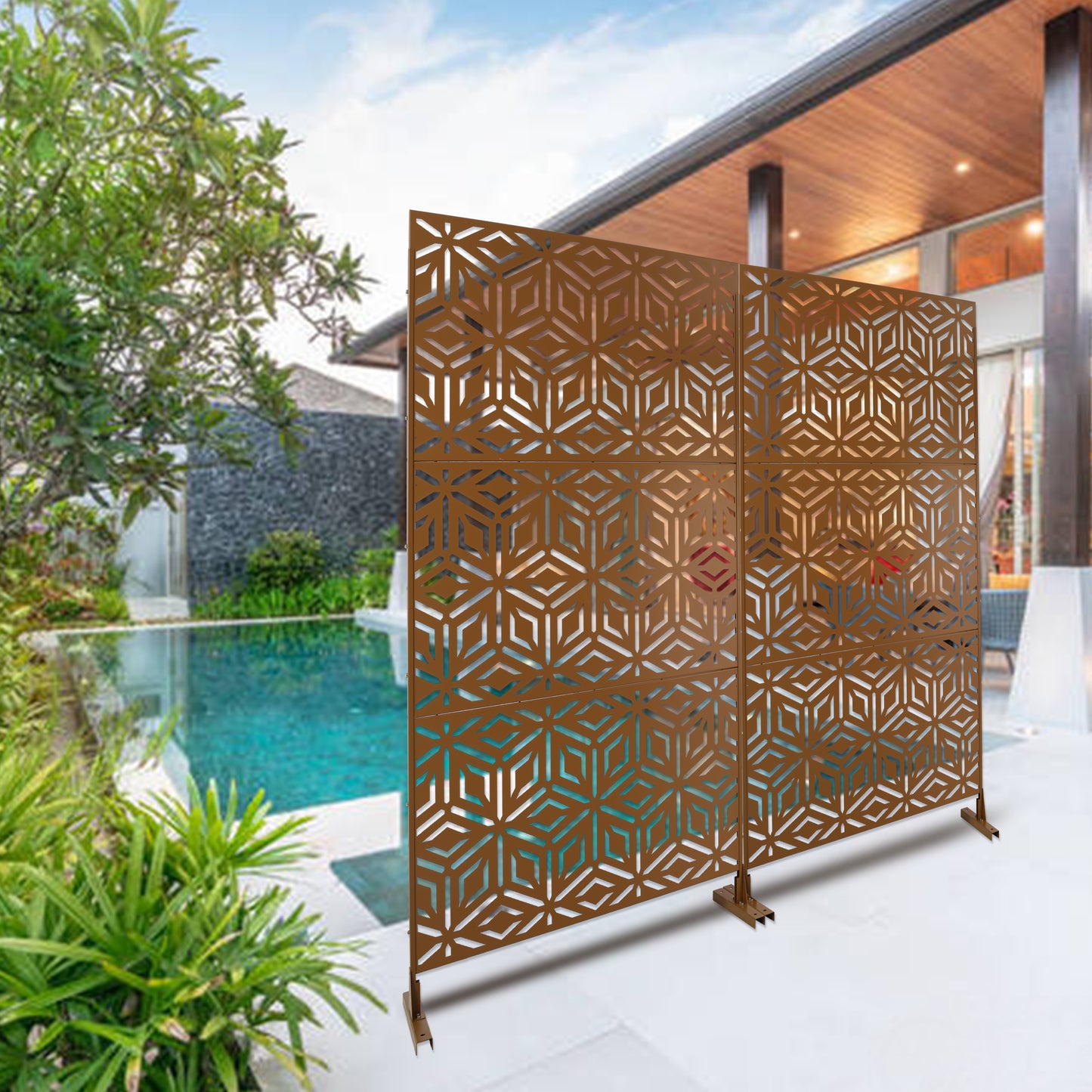 Modern bronze geometric metal privacy screen with intricate hexagonal pattern