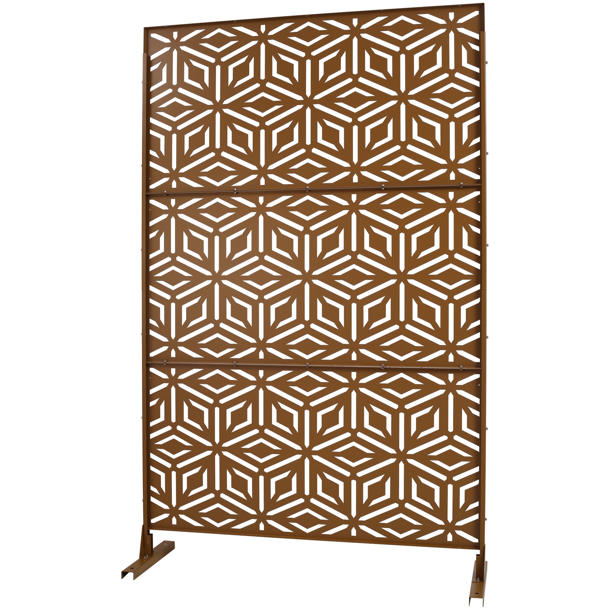 Brown metal garden screen with geometric interlocking hexagon pattern