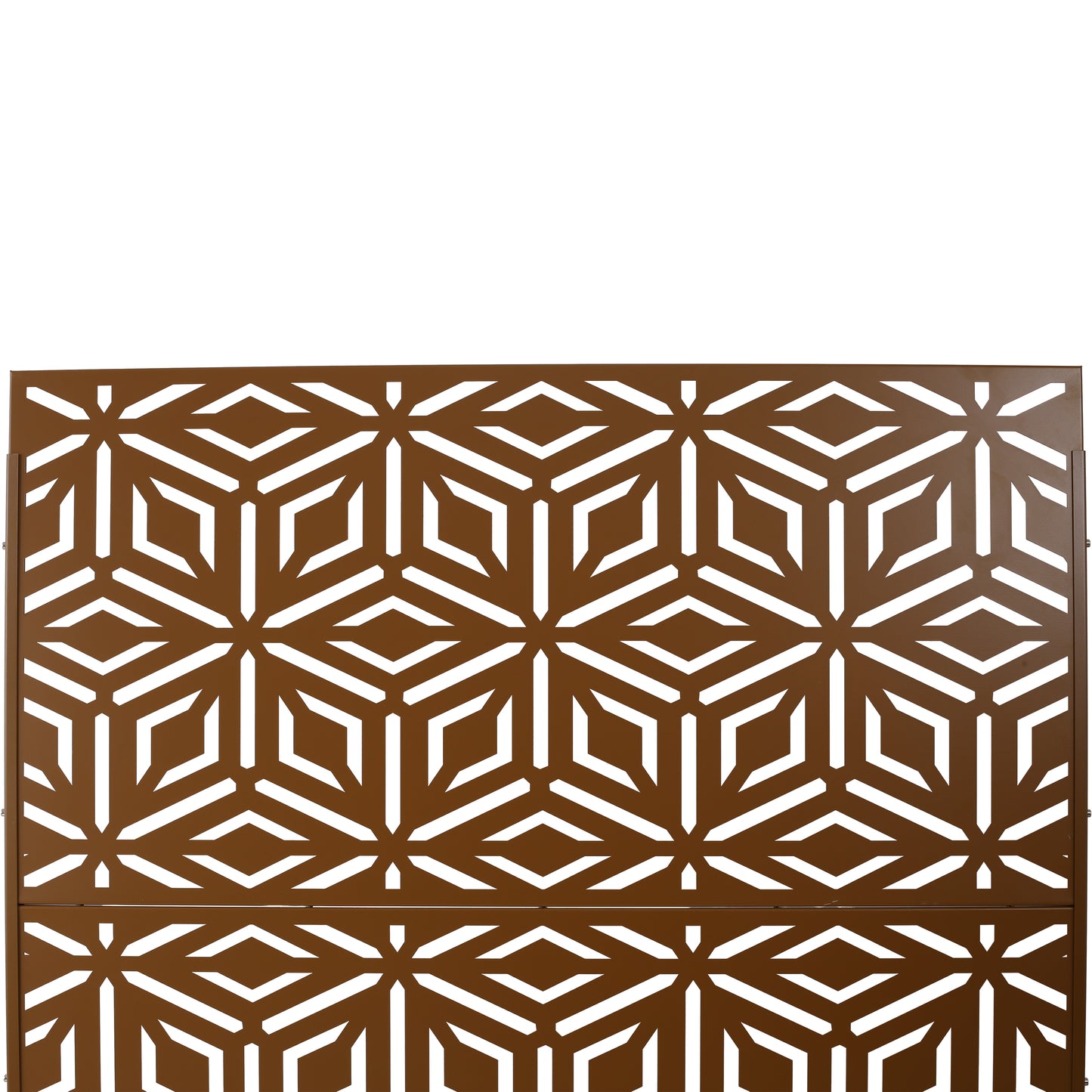 Brown metal privacy screen with geometric cutouts for garden decor