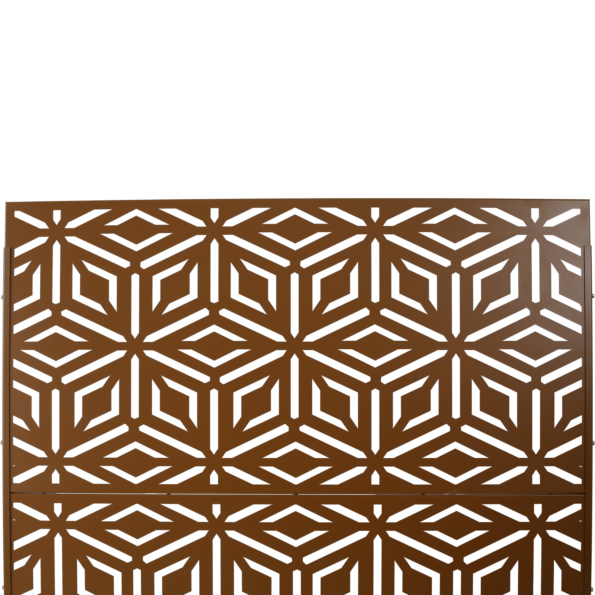 Brown metal privacy screen with geometric cutouts for garden decor