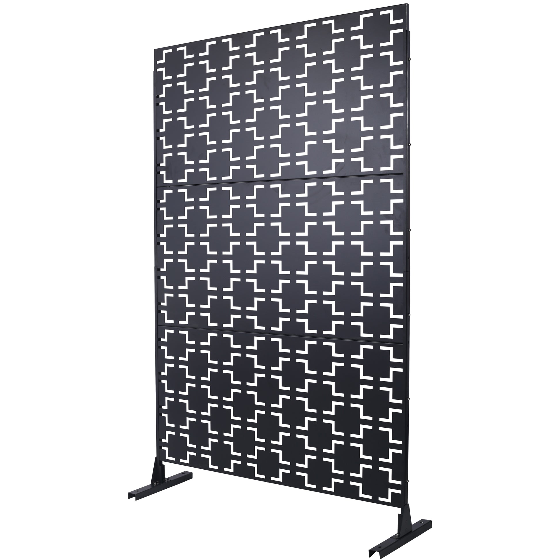 Modern black metal privacy screen with geometric cutouts for outdoor spaces