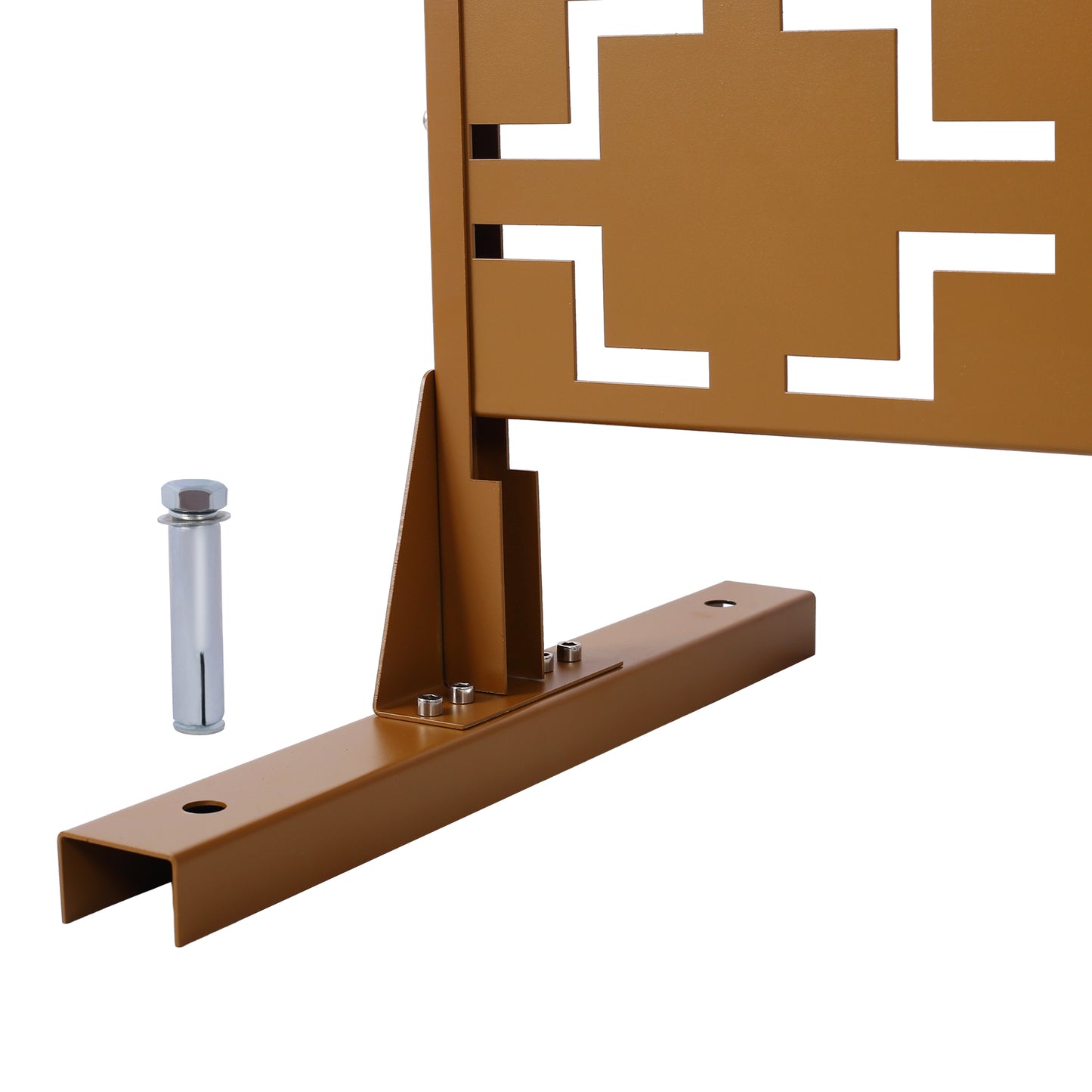 Brown metal fence panel with geometric cutouts and mounting hardware