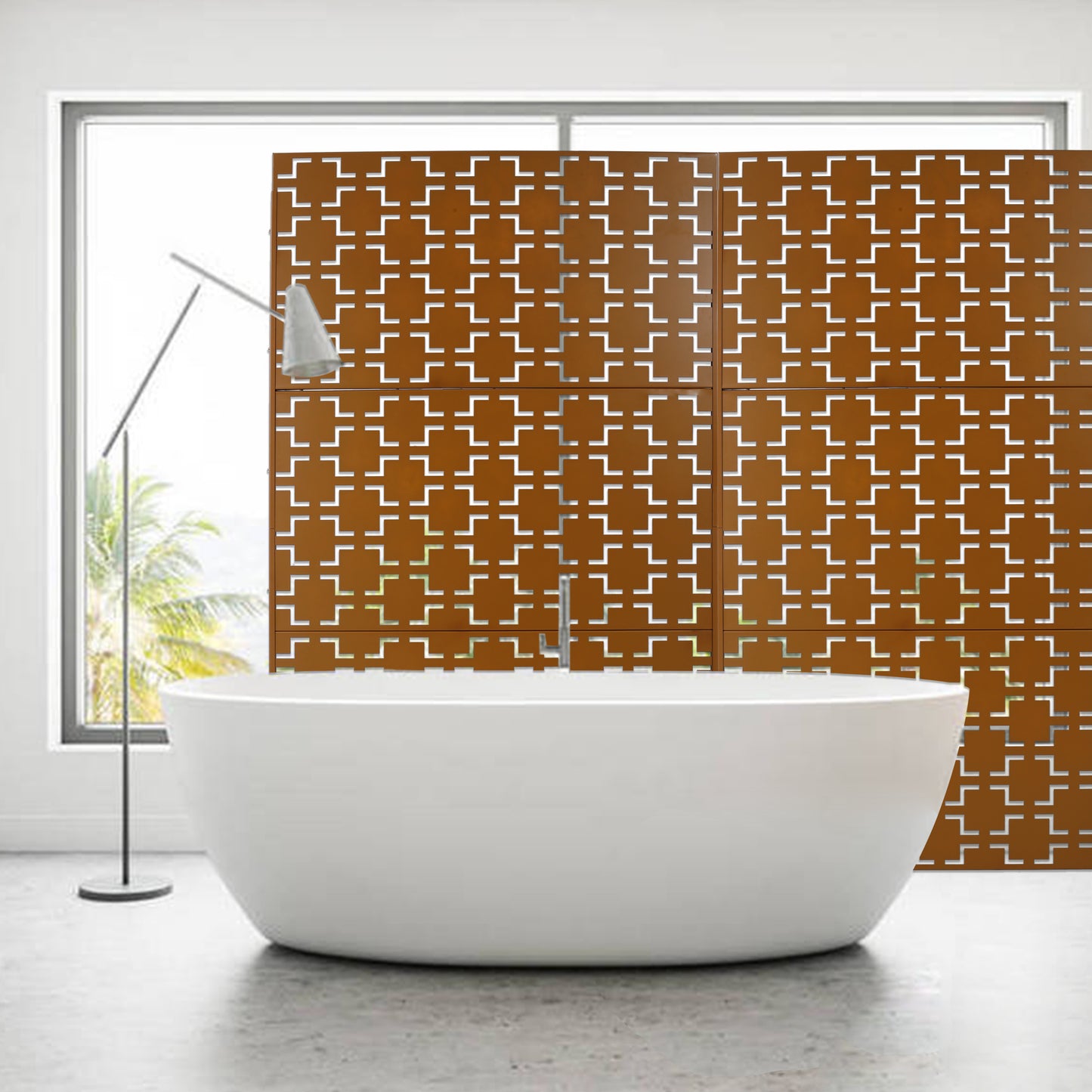 Modern brown metal privacy screen with geometric pattern for bathroom