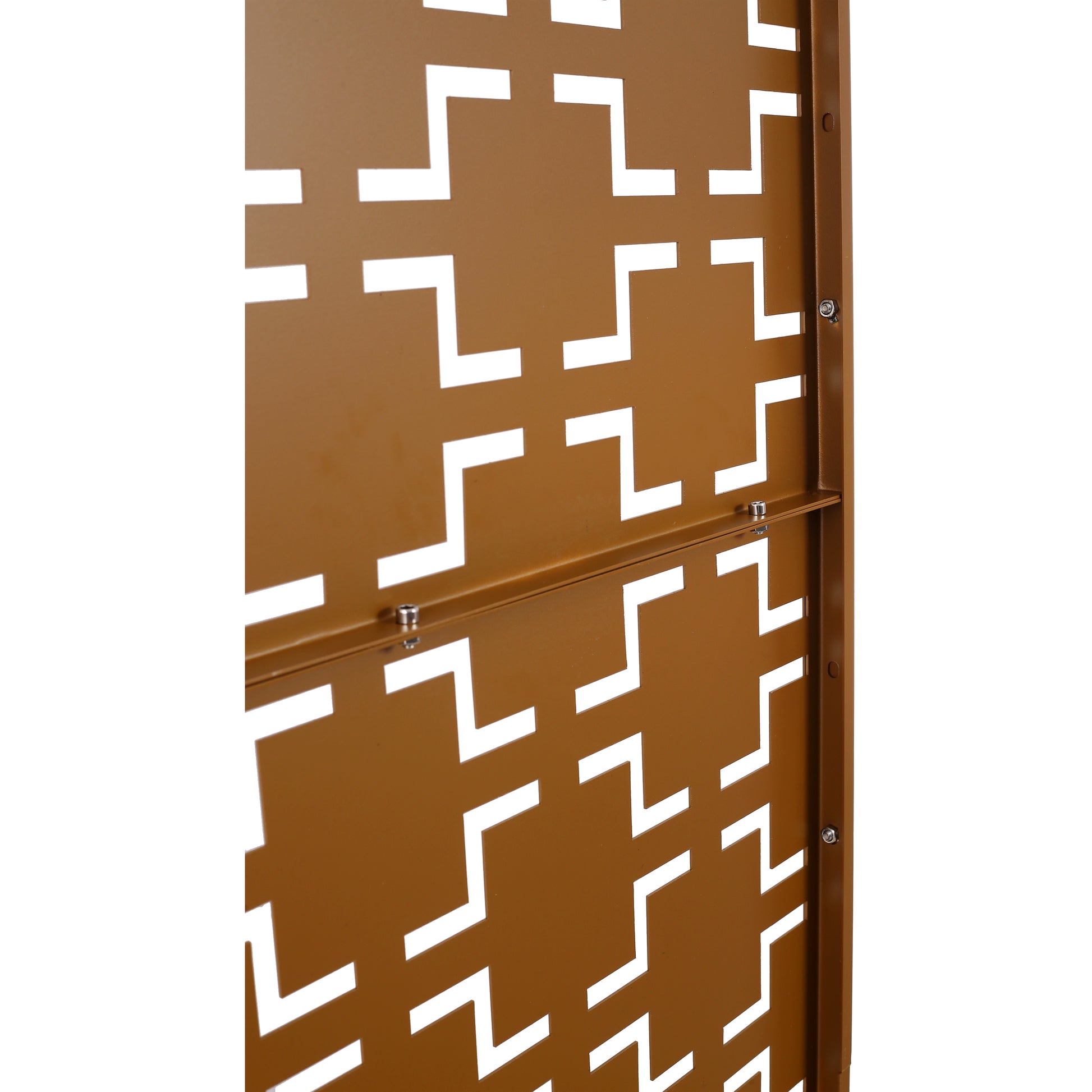 Bronze metal privacy screen with geometric cutouts ideal for gardens