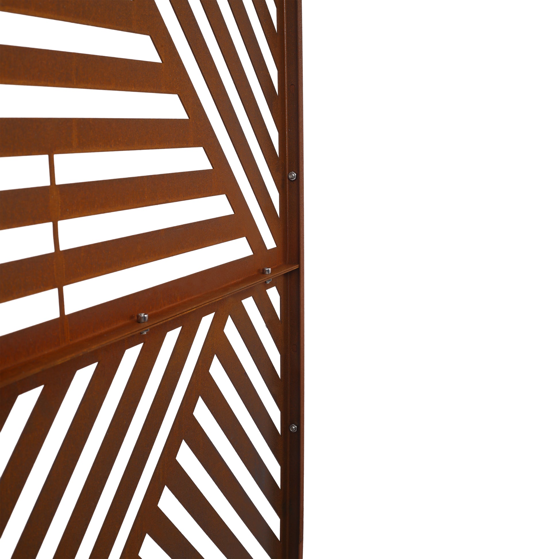 Rusty metal garden screen with geometric diagonal pattern