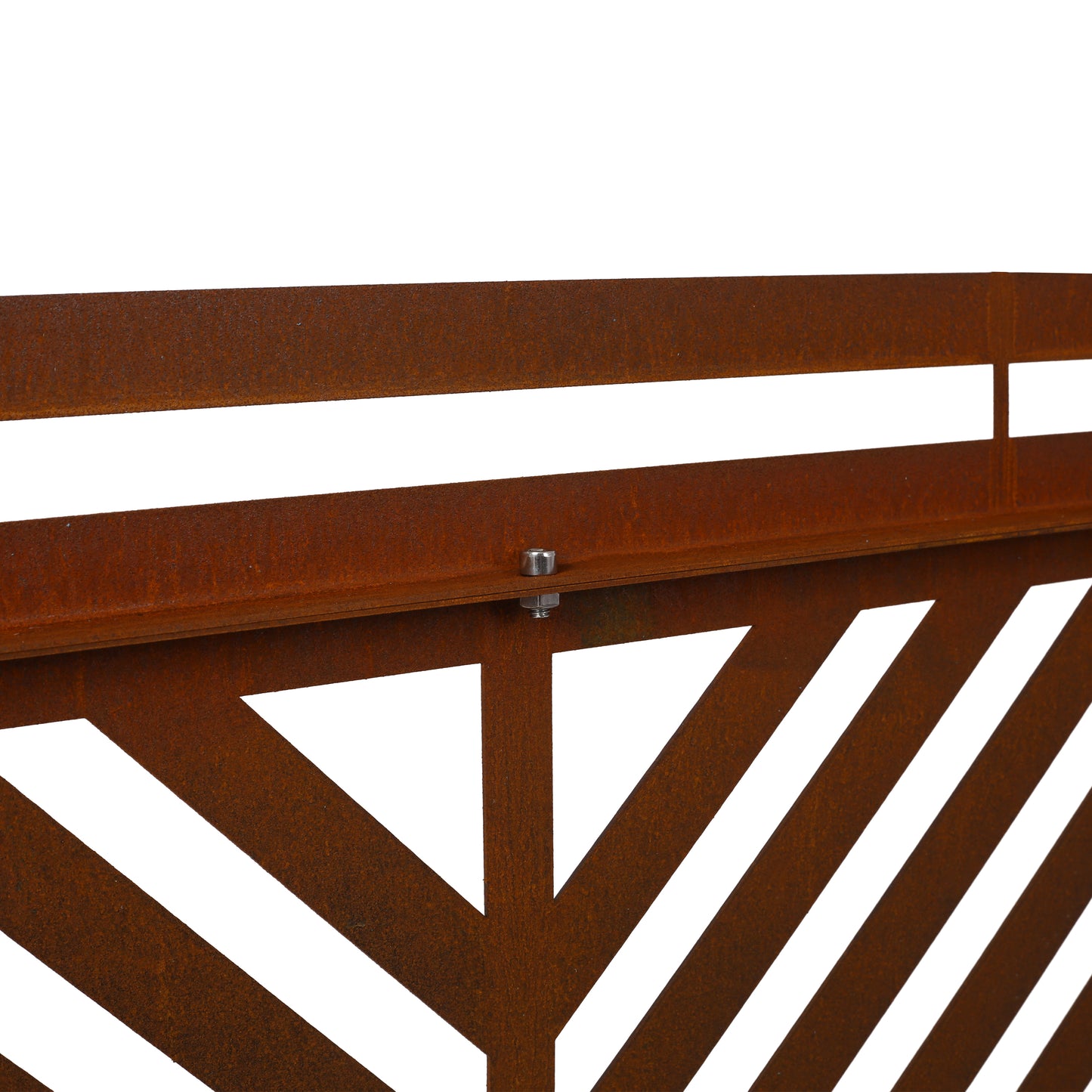 Closeup of a corten steel railing with a geometric pattern and rustic patina