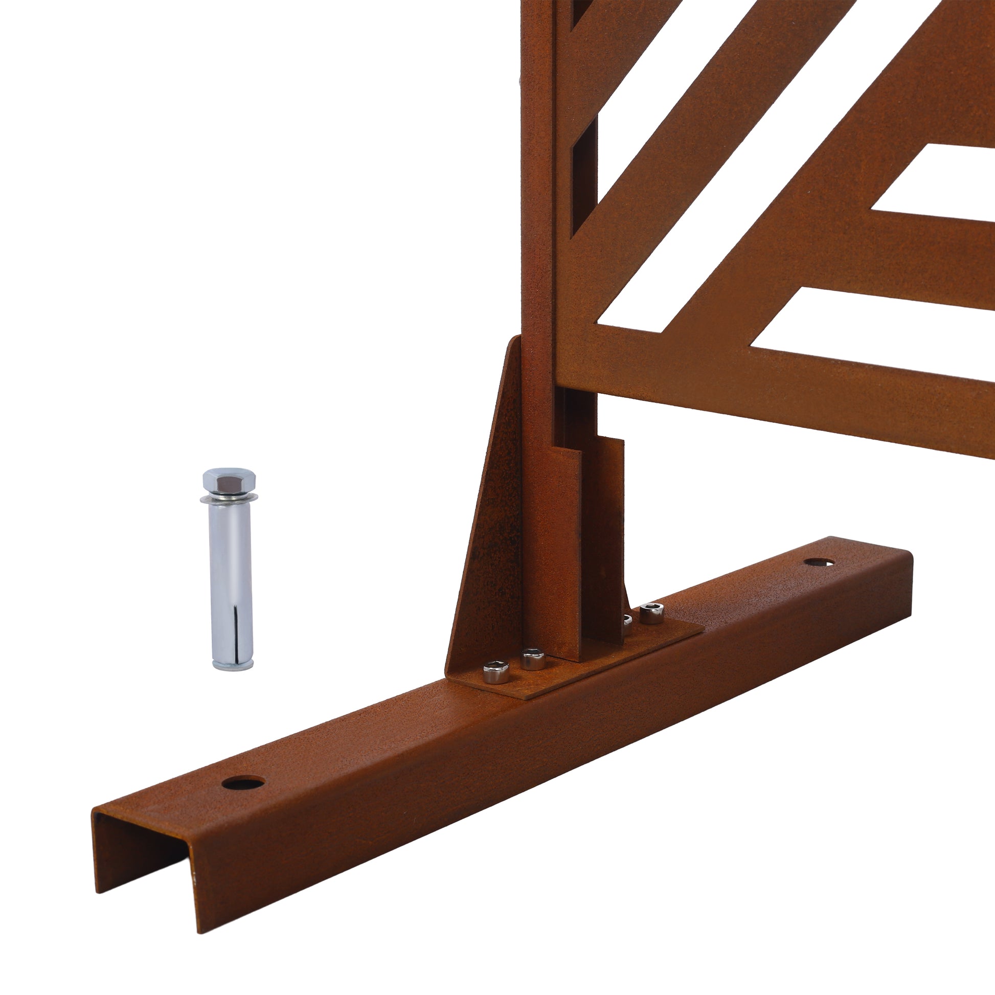 Rusted metal garden screen section with diagonal cutouts and mounting hardware