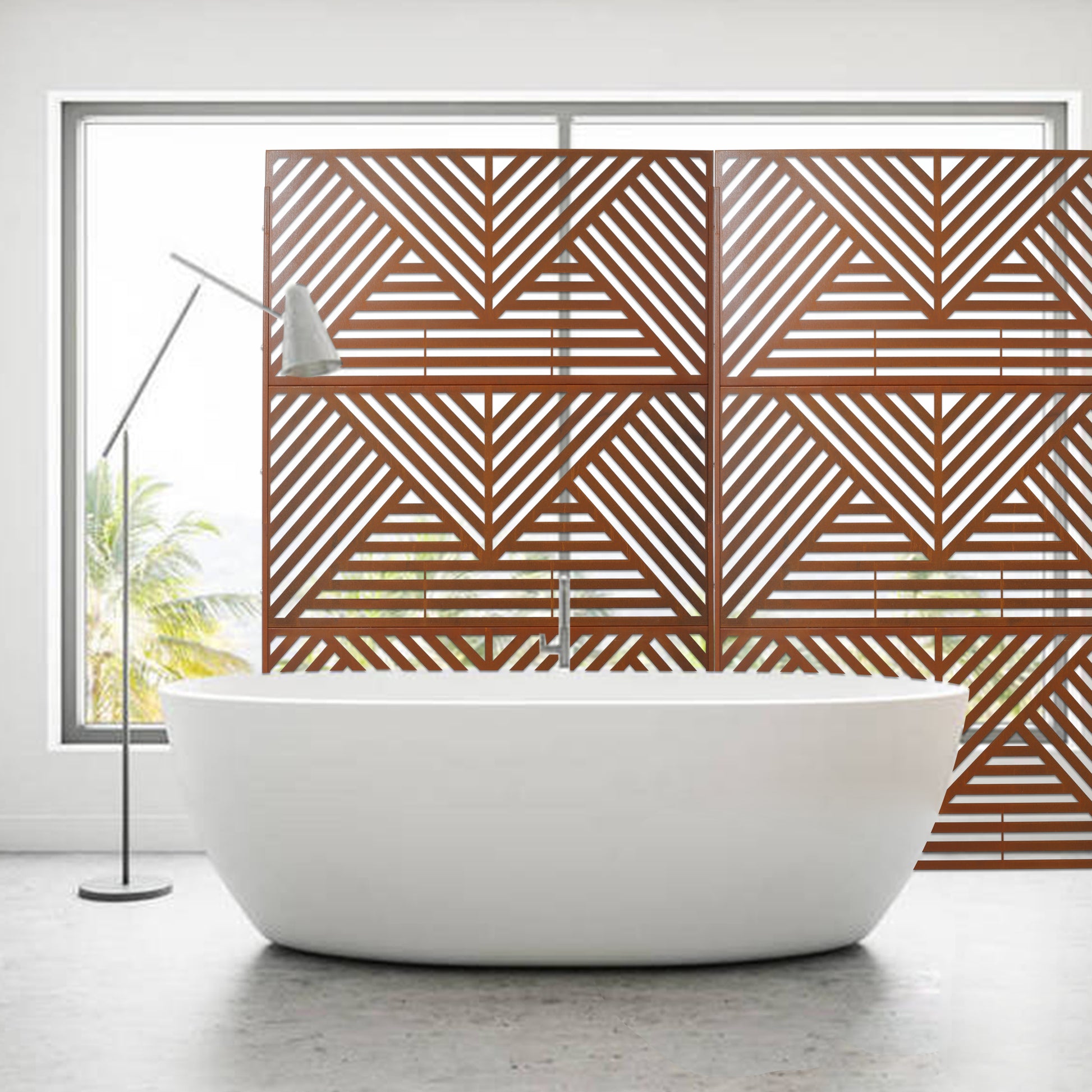 Modern geometric wood divider screen with intricate patterns ideal for dividing spaces