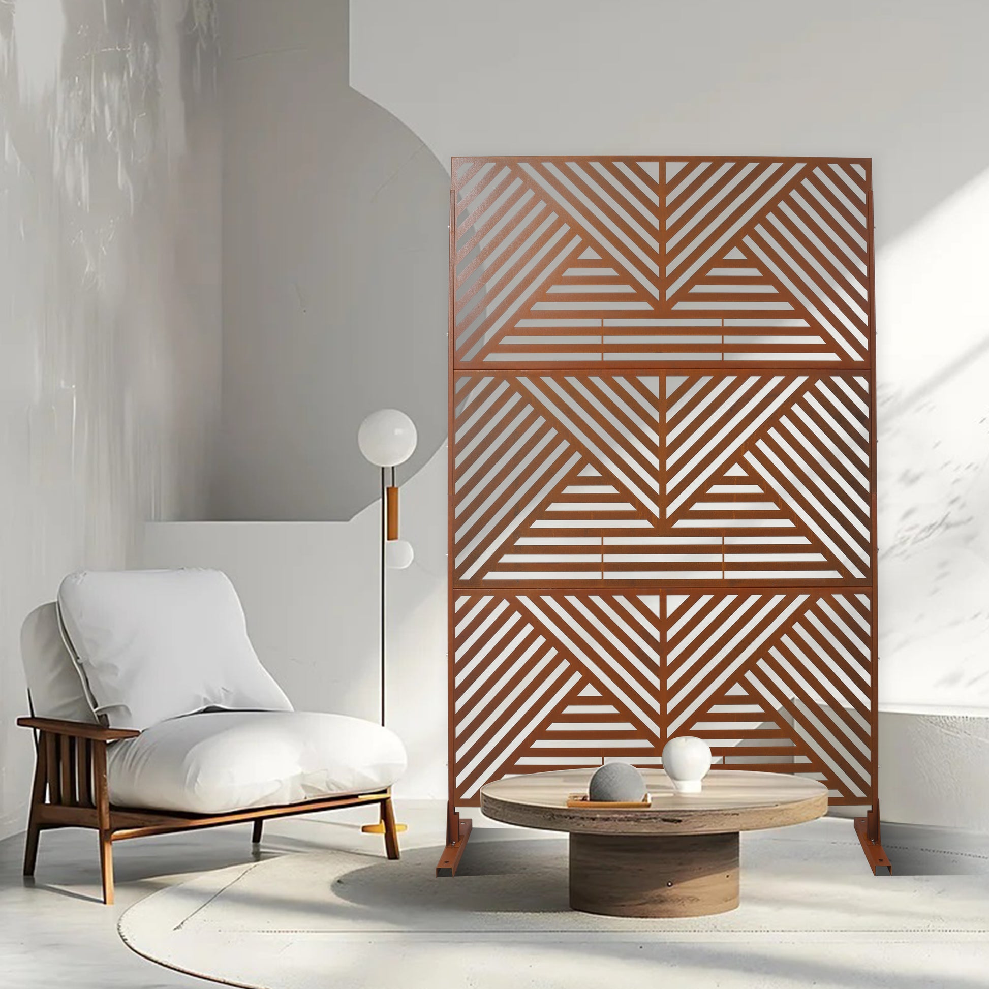 Contemporary geometric room divider screen with a rustlike finish offering privacy and style