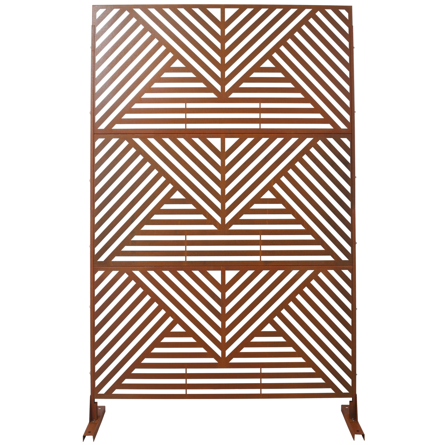 Modern brown metal privacy screen with geometric pattern for garden decor