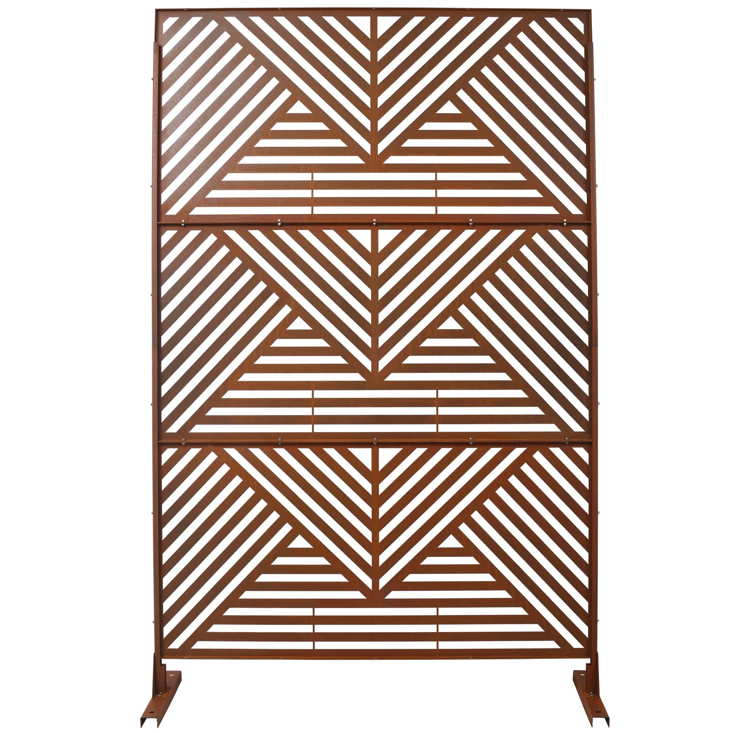 Rustic metal garden screen with geometric pattern perfect for outdoor privacy