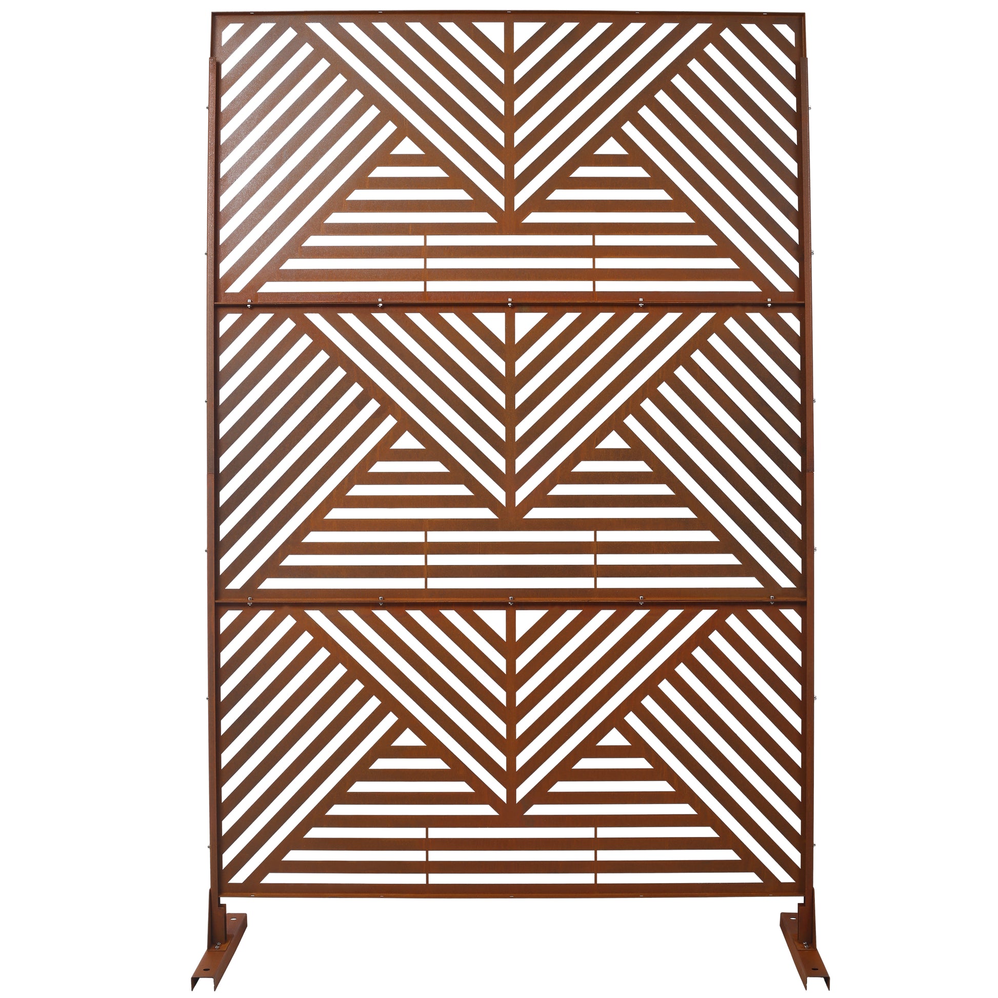 Rustic metal garden screen with geometric pattern perfect for outdoor privacy