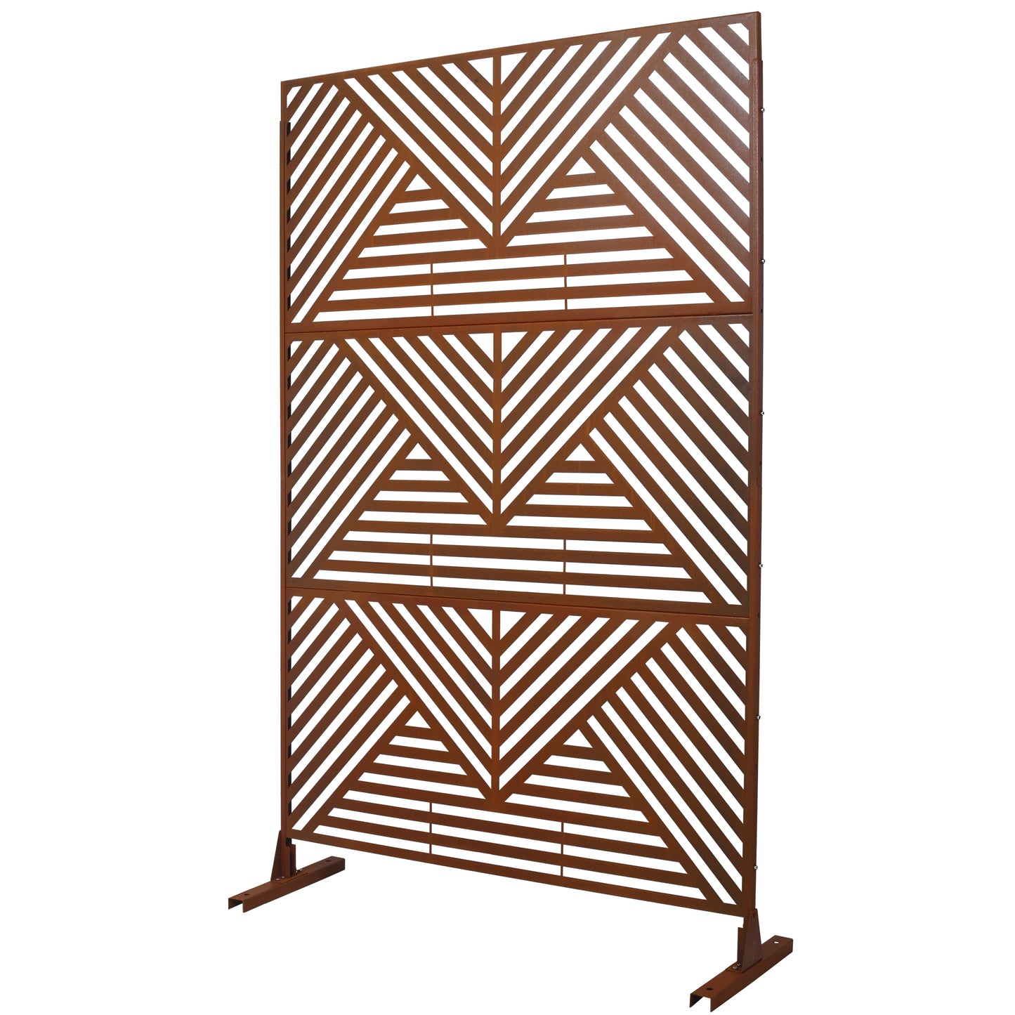 Rusty metal garden screen with geometric lasercut pattern for outdoor privacy