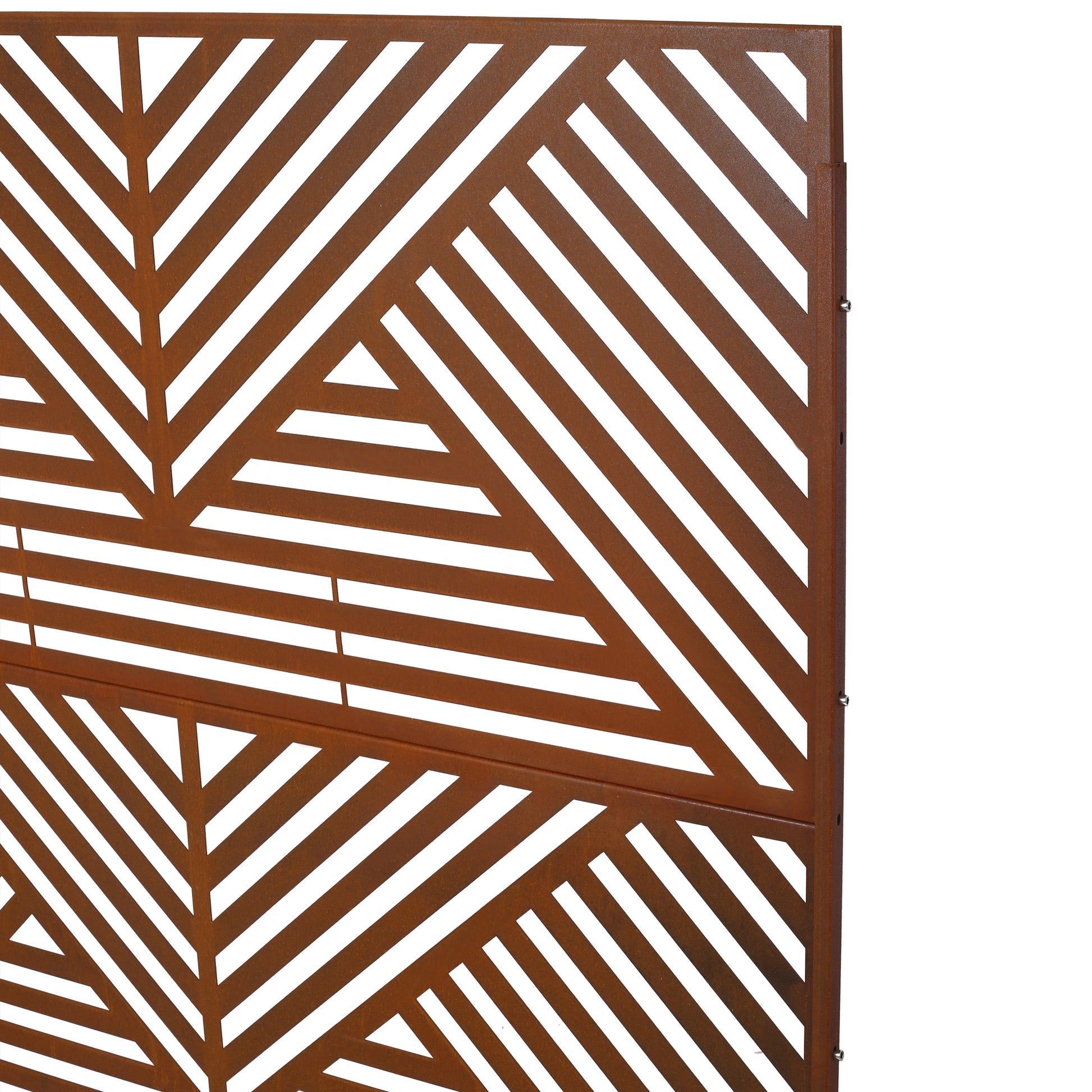Rusty metal privacy screen with geometric cutouts outdoor garden decor