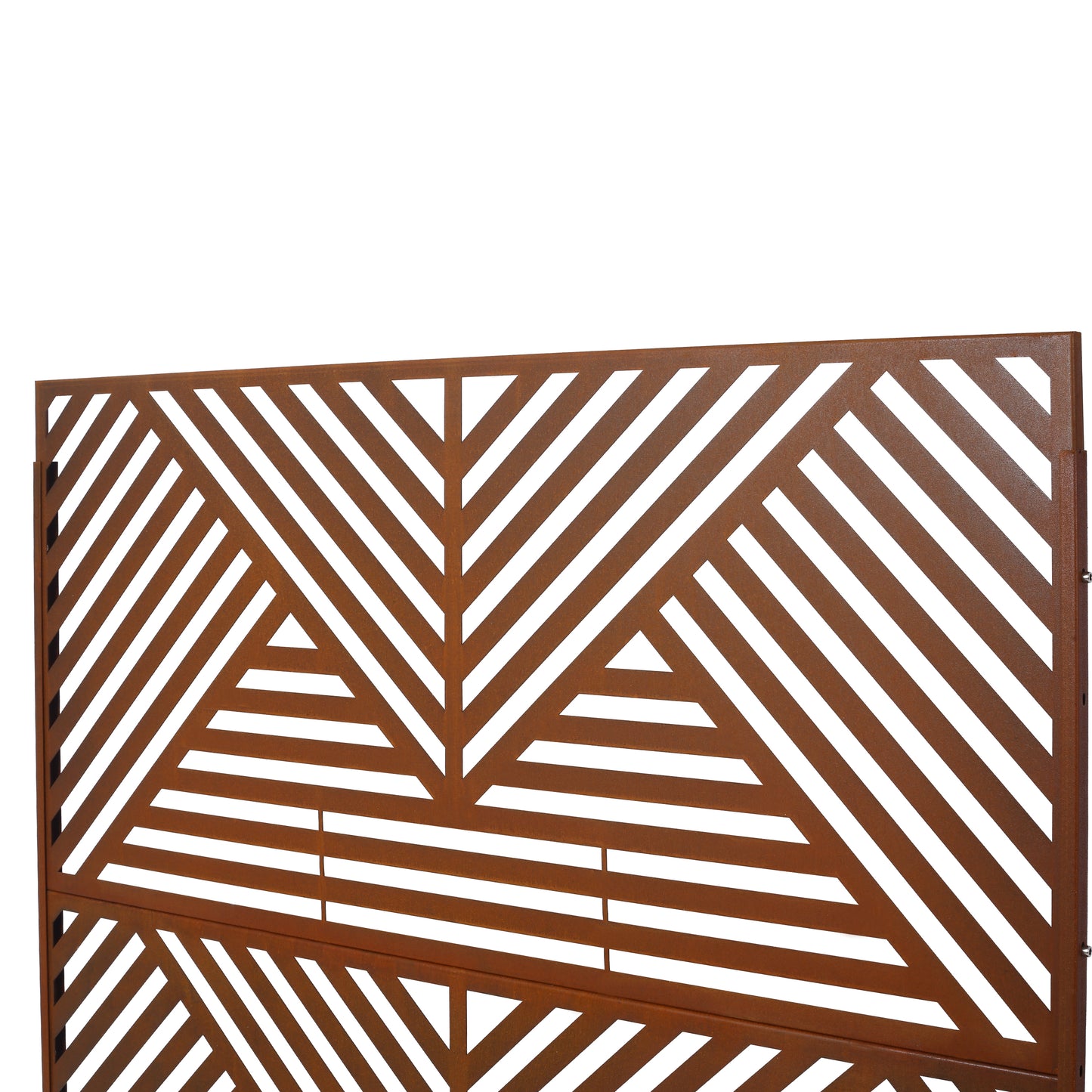 Modern rust metal screen with geometric diagonal pattern for garden privacy