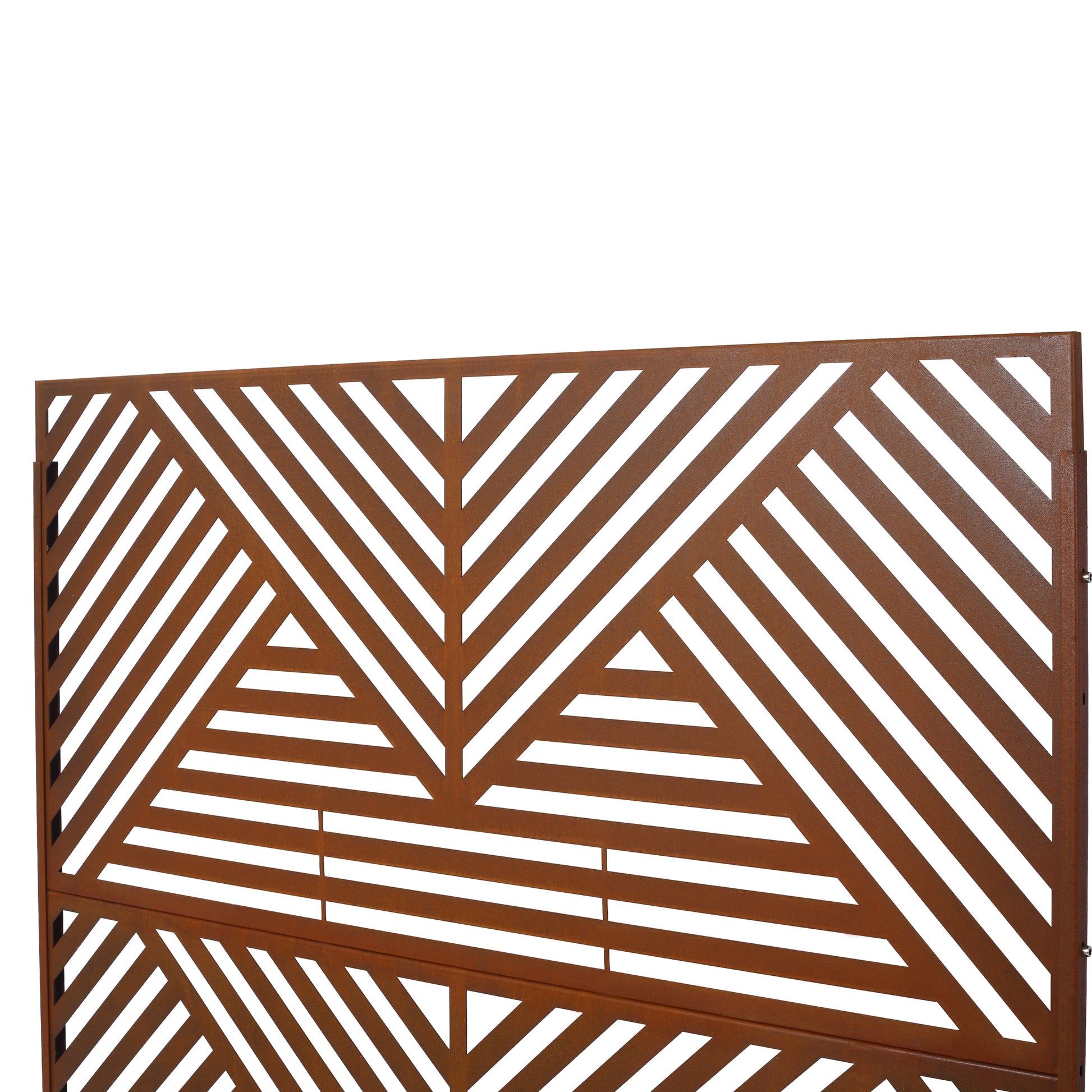 Modern rust metal screen with geometric diagonal pattern for garden privacy