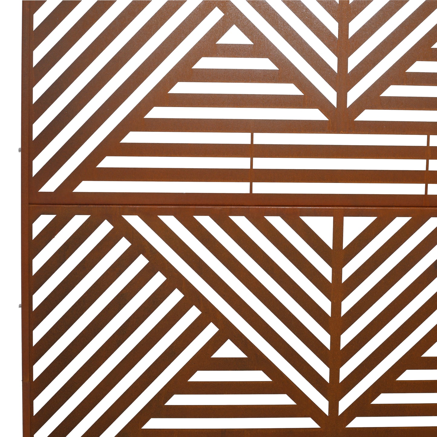 Rusty metal garden screen with geometric diagonal pattern and triangular cutouts
