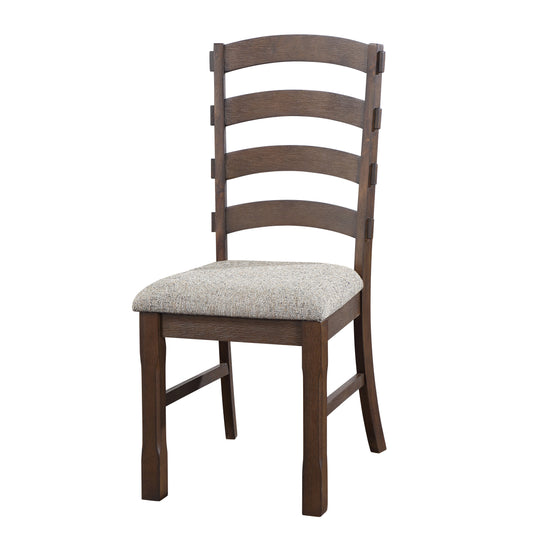 Dark oak ladder back dining chair with textured upholstered seat