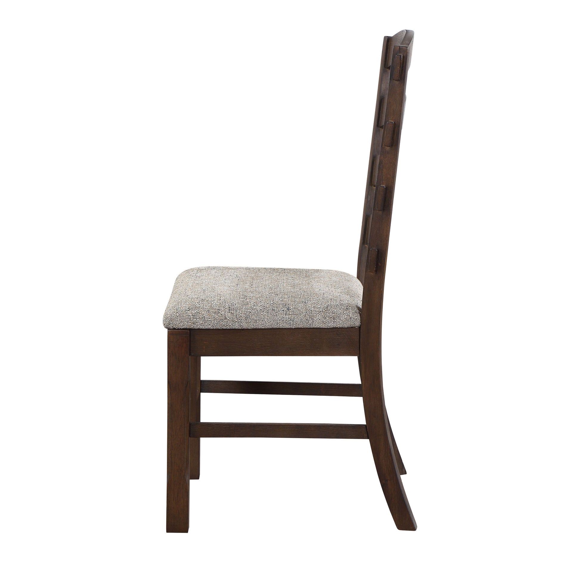 Dark wood dining chair with textured grey upholstered seat and geometric backrest detail